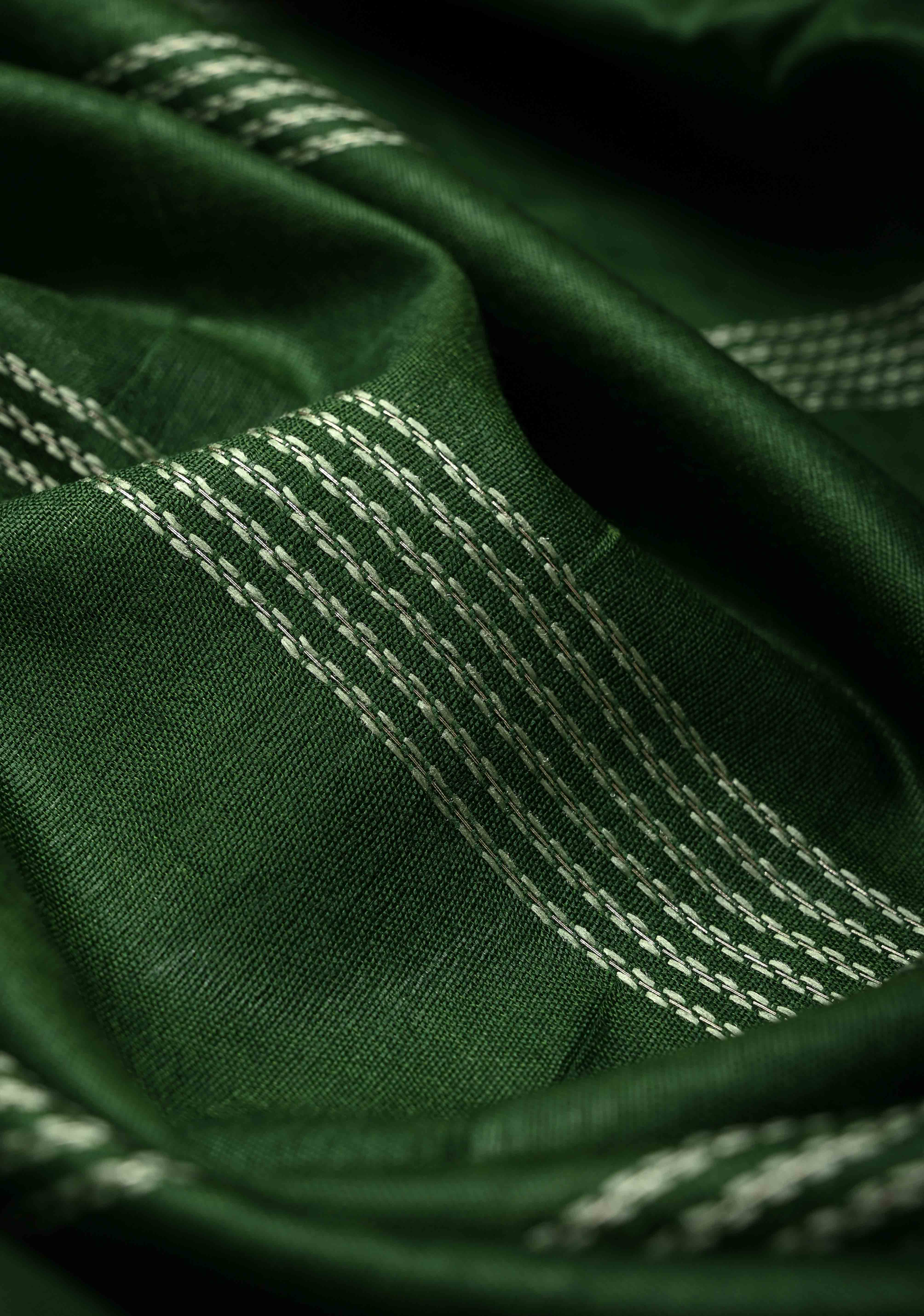 Myrtle Green Semi Tussar Saree with Thread Stripes and Temple Zari Border | Shobitam