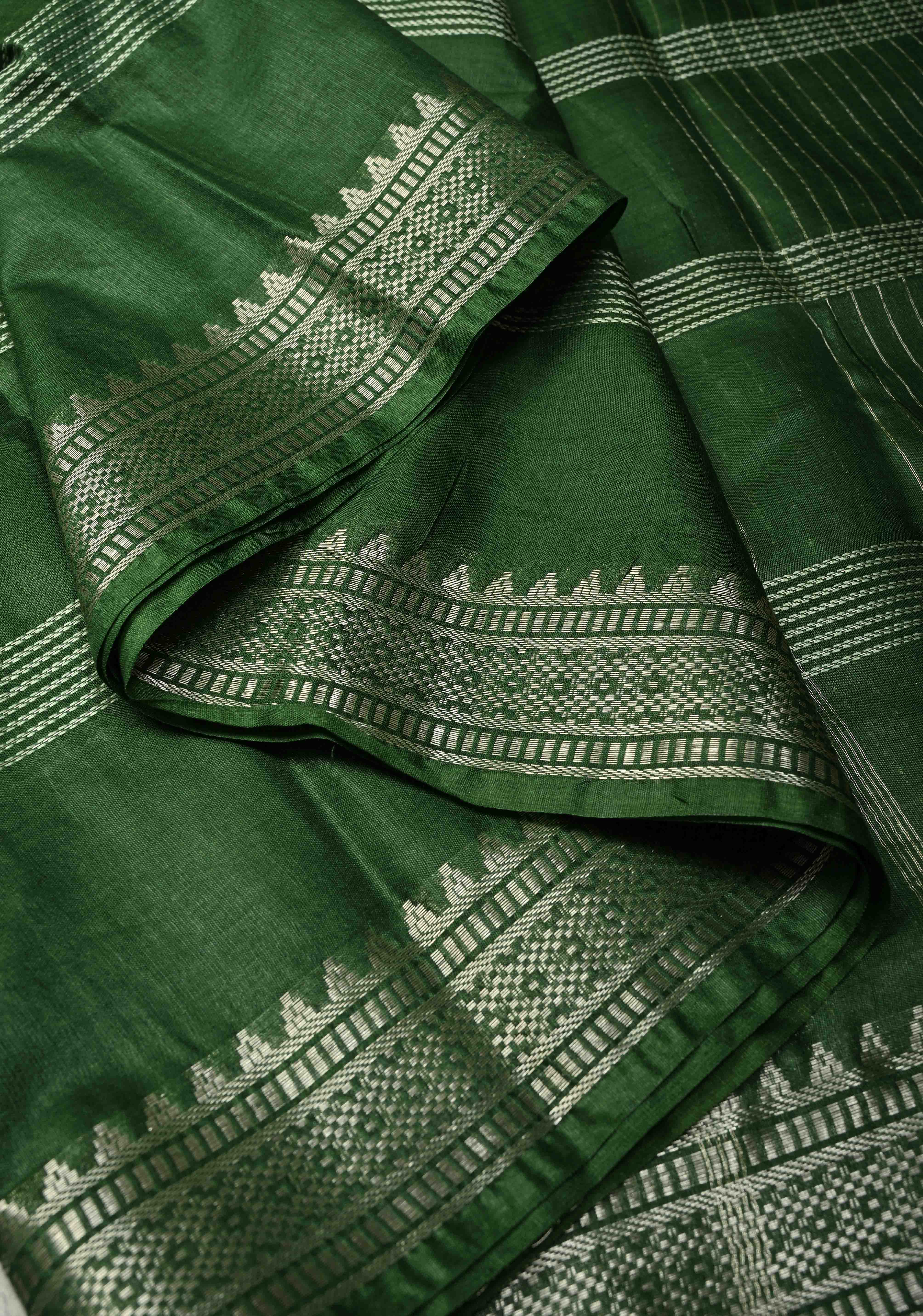 Myrtle Green Semi Tussar Saree with Thread Stripes and Temple Zari Border | Shobitam