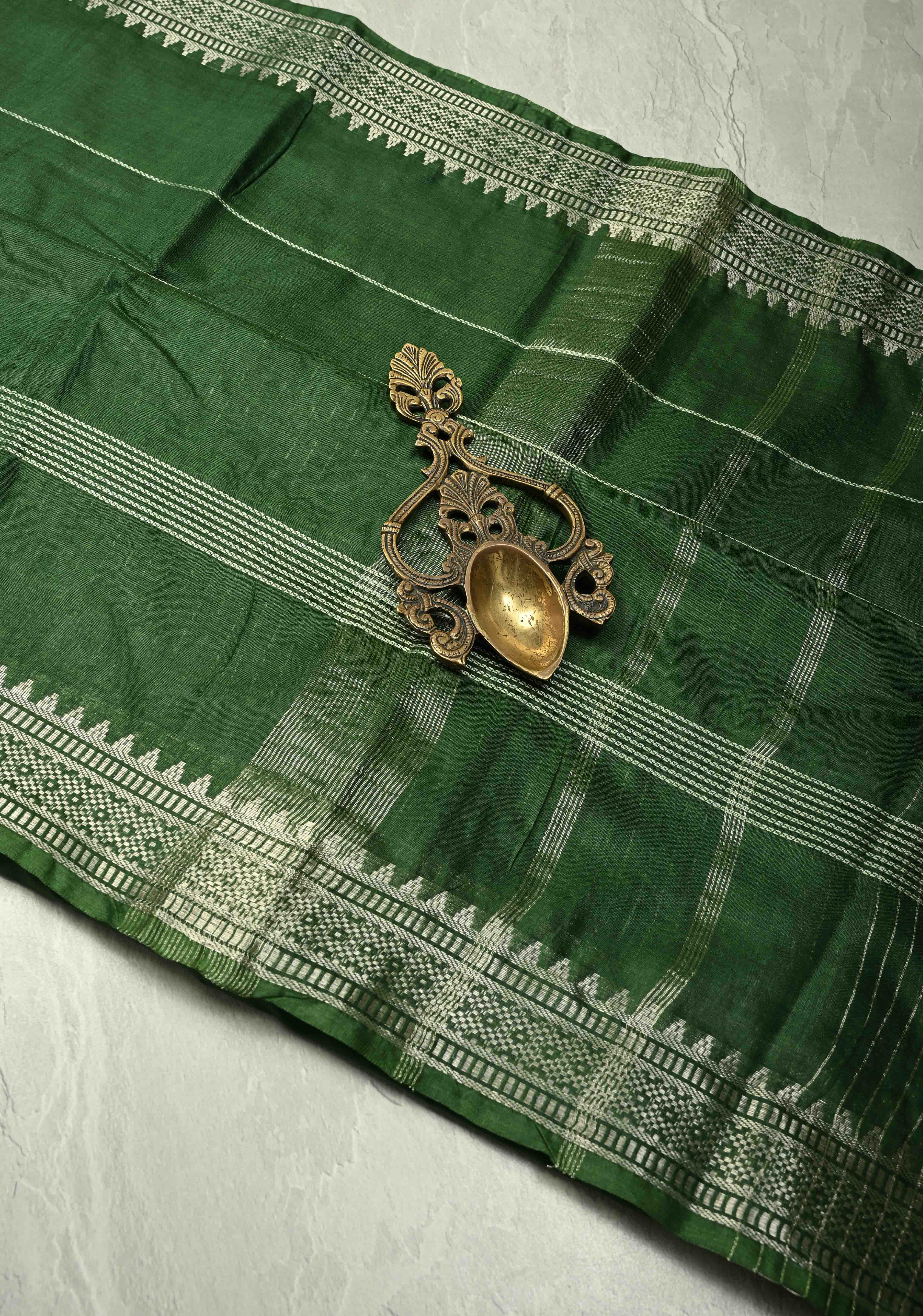 Myrtle Green Semi Tussar Saree with Thread Stripes and Temple Zari Border | Shobitam