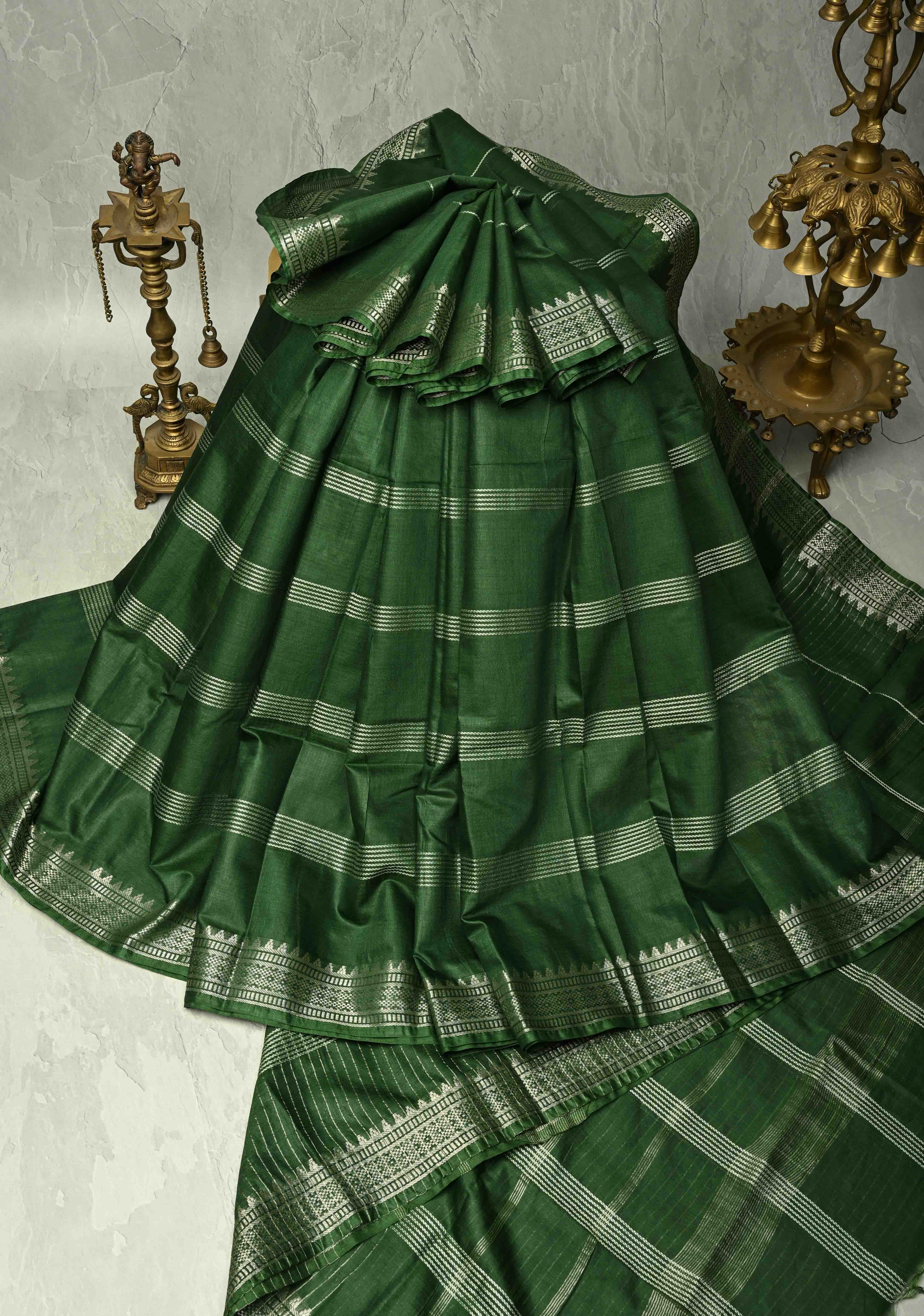 Myrtle Green Semi Tussar Saree with Thread Stripes and Temple Zari Border | Shobitam