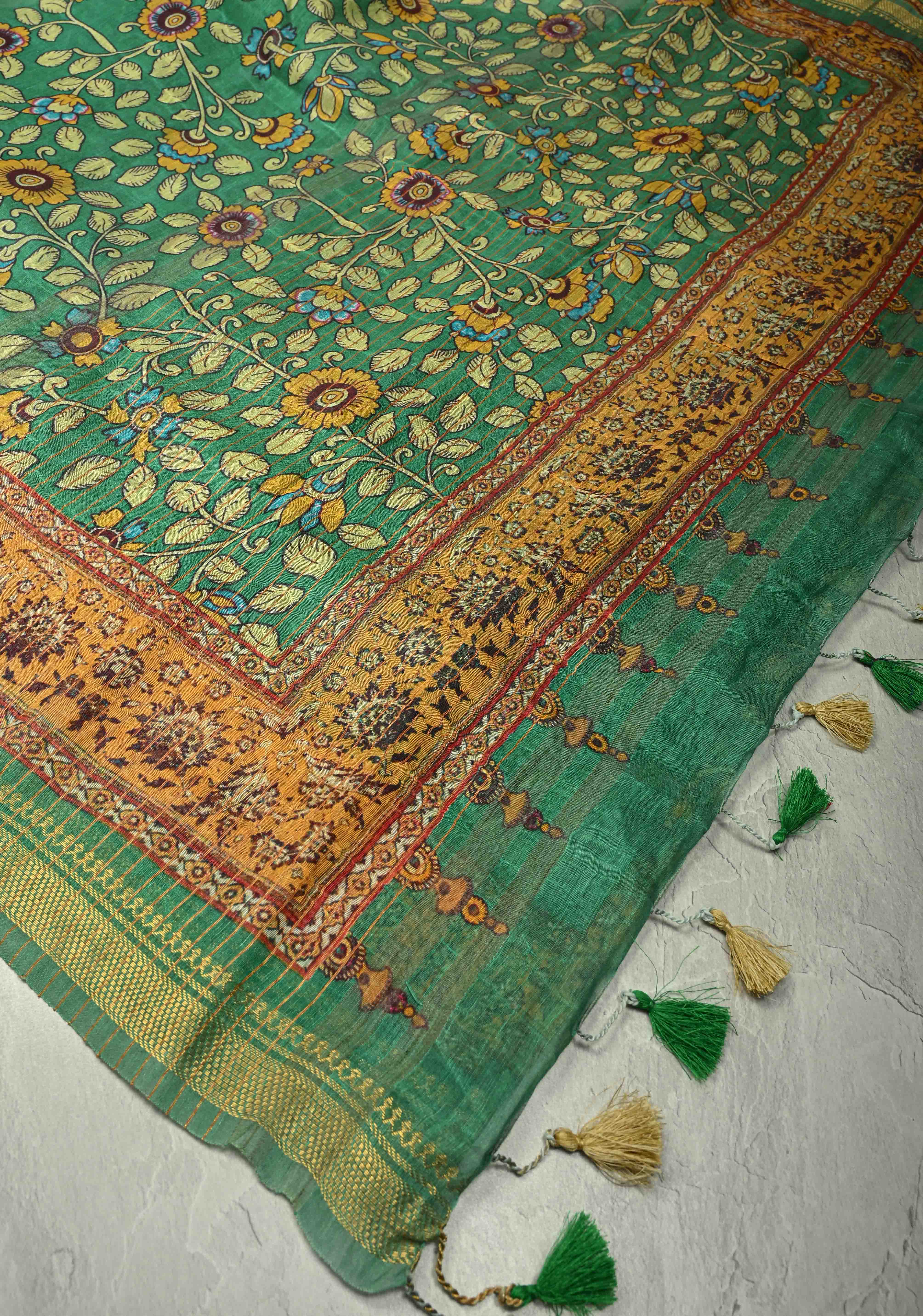 Green Silk Linen Saree with kalamakari Floral digital Print and Minimal Zari Border | Shobitam