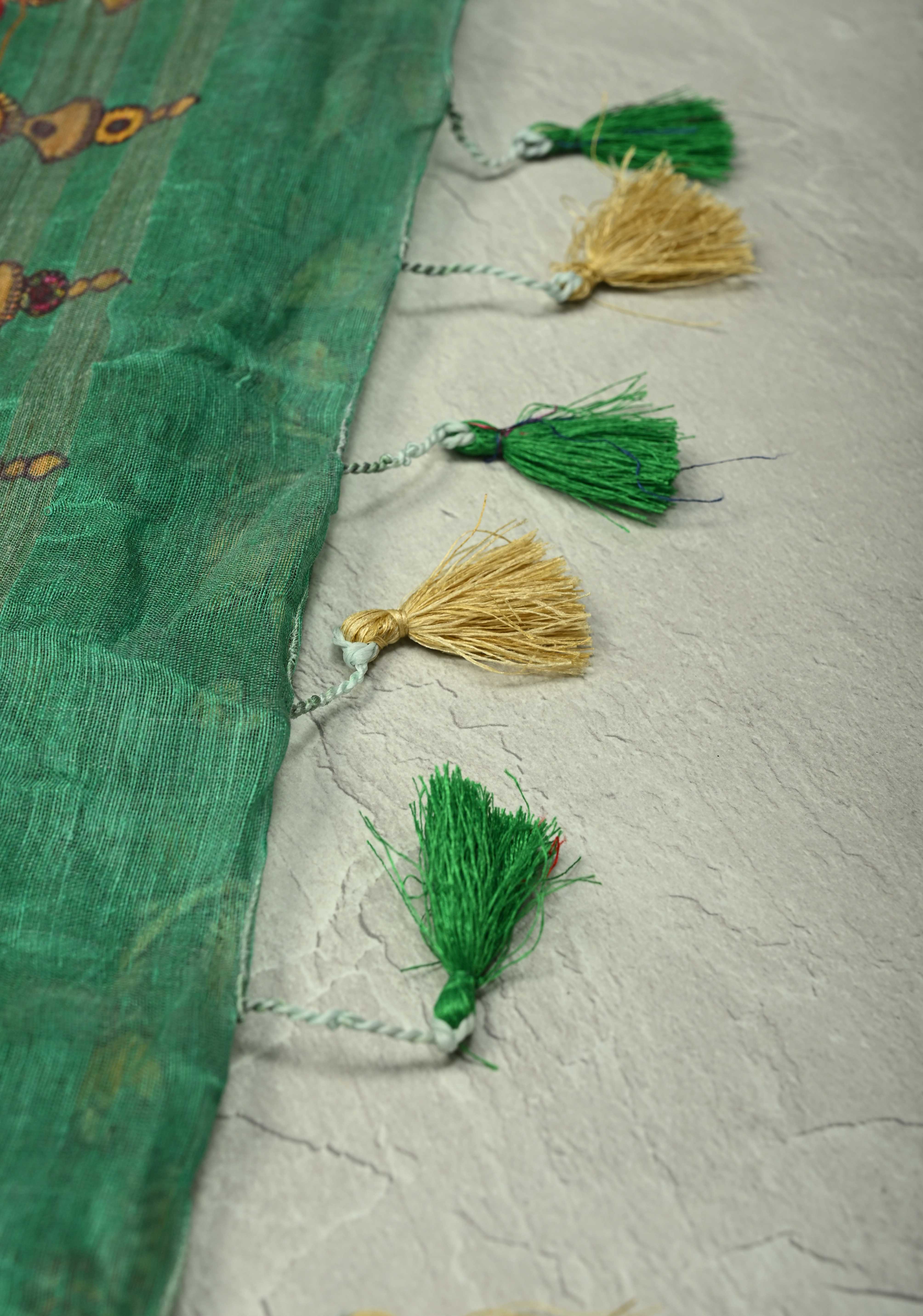 Green Silk Linen Saree with kalamakari Floral digital Print and Minimal Zari Border | Shobitam