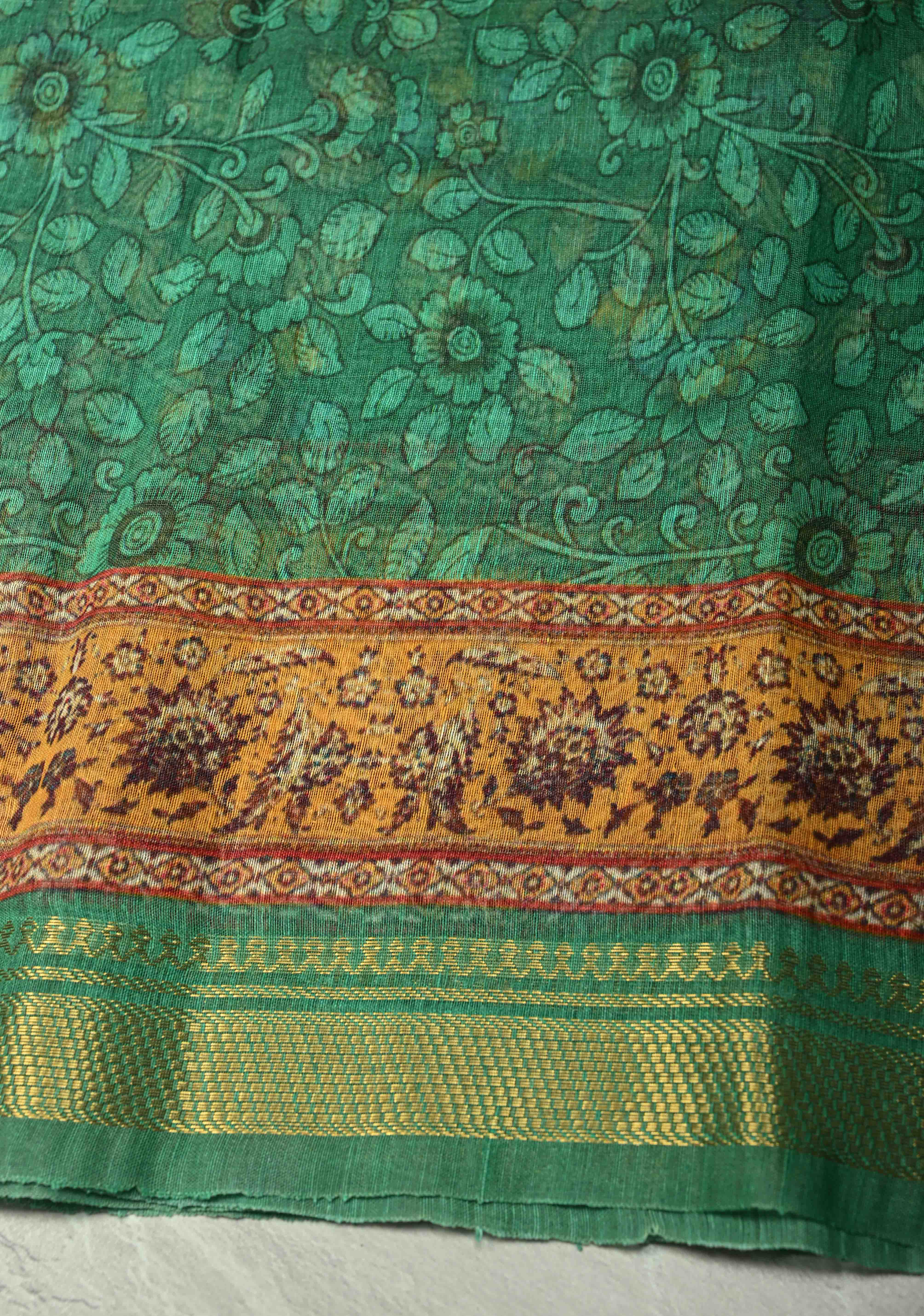 Green Silk Linen Saree with kalamakari Floral digital Print and Minimal Zari Border | Shobitam
