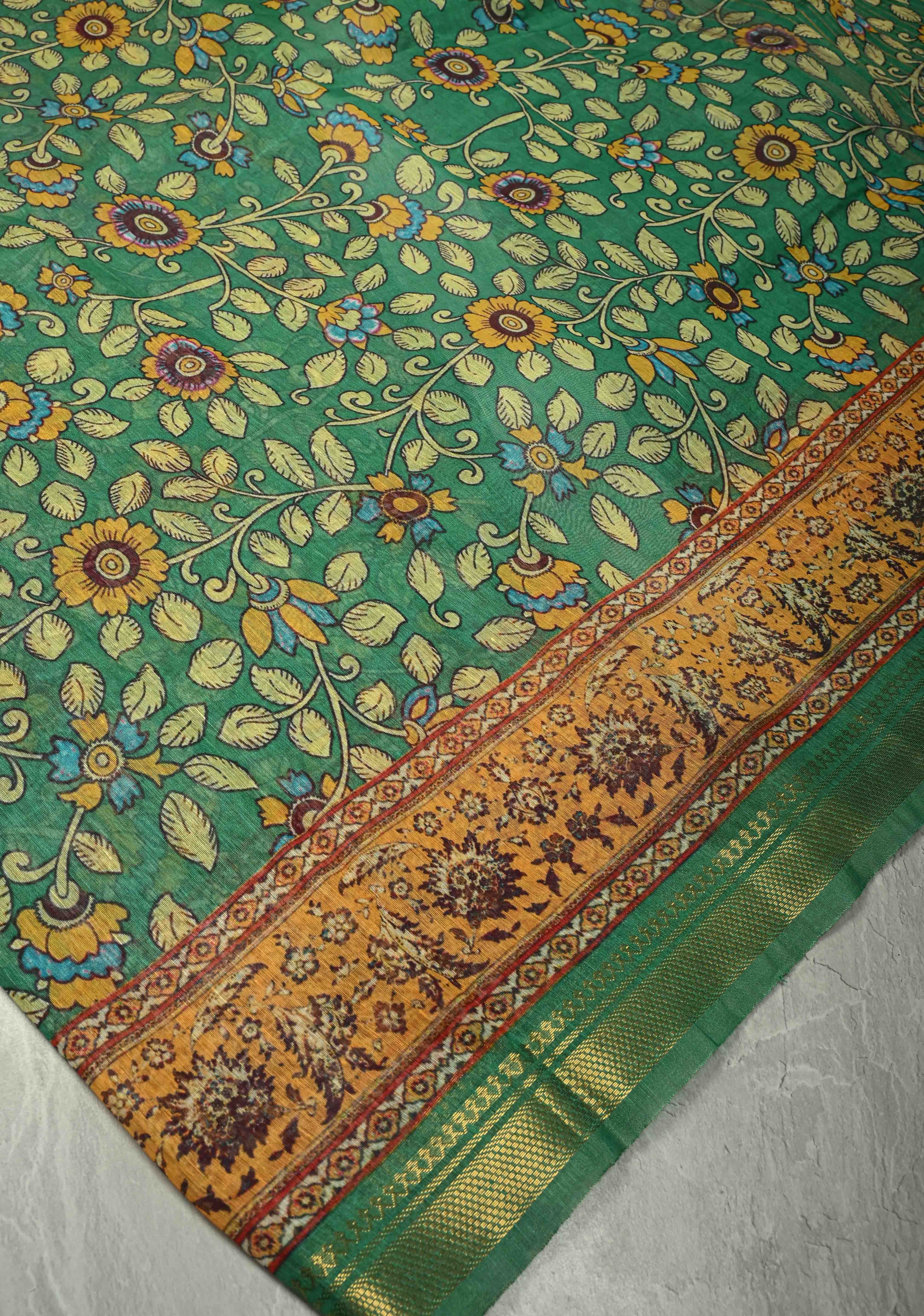 Green Silk Linen Saree with kalamakari Floral digital Print and Minimal Zari Border | Shobitam