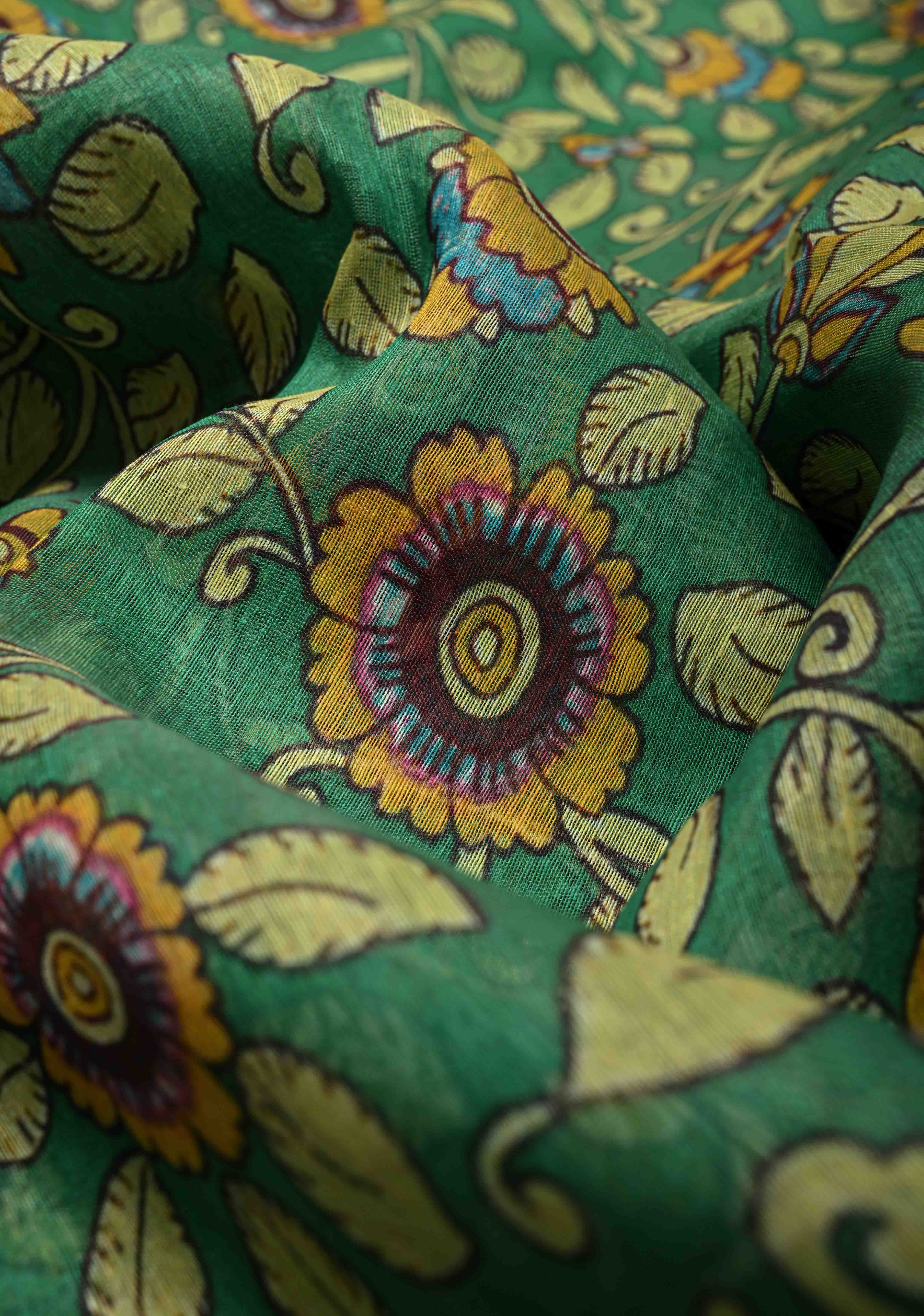 Green Silk Linen Saree with kalamakari Floral digital Print and Minimal Zari Border | Shobitam