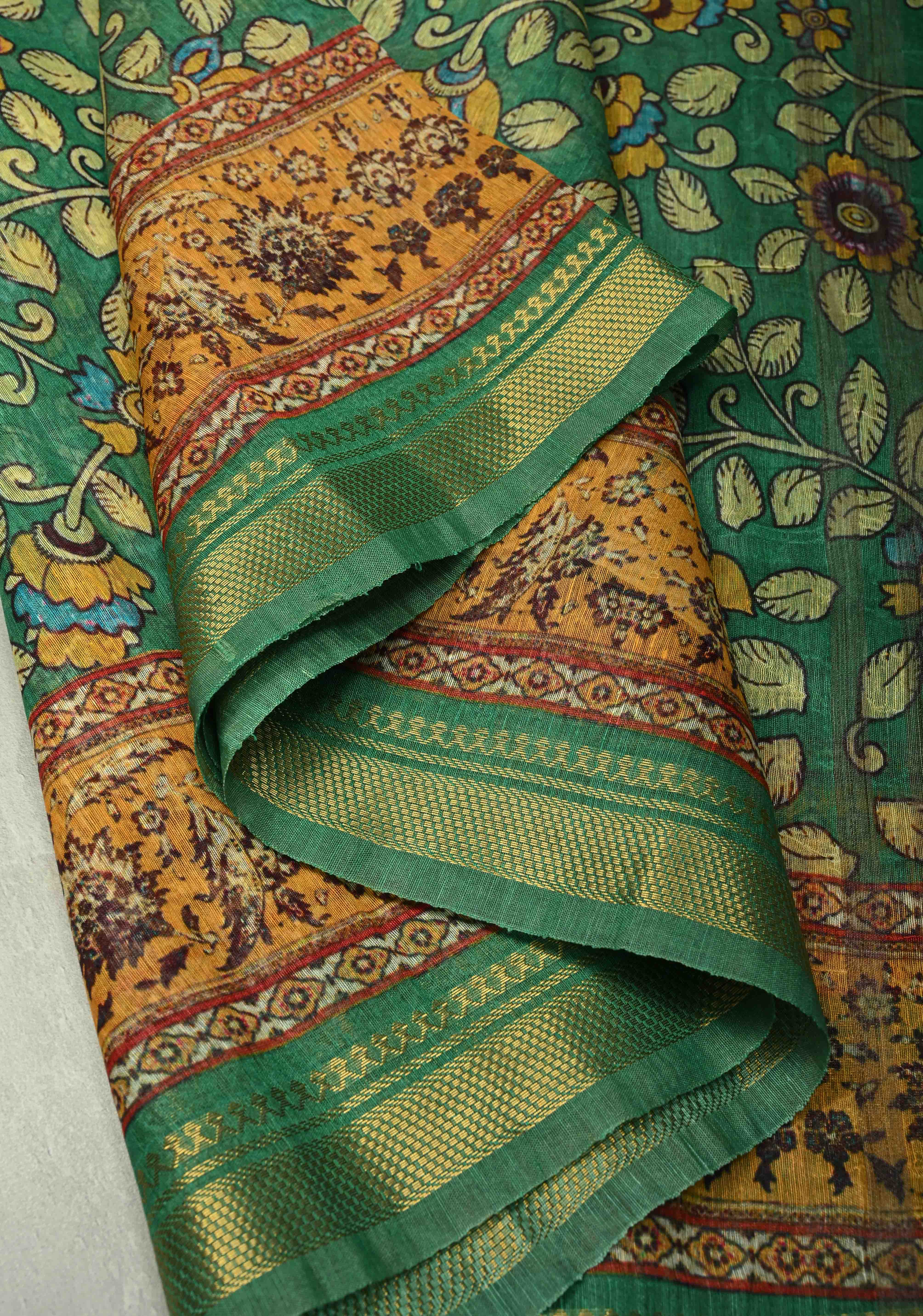 Green Silk Linen Saree with kalamakari Floral digital Print and Minimal Zari Border | Shobitam