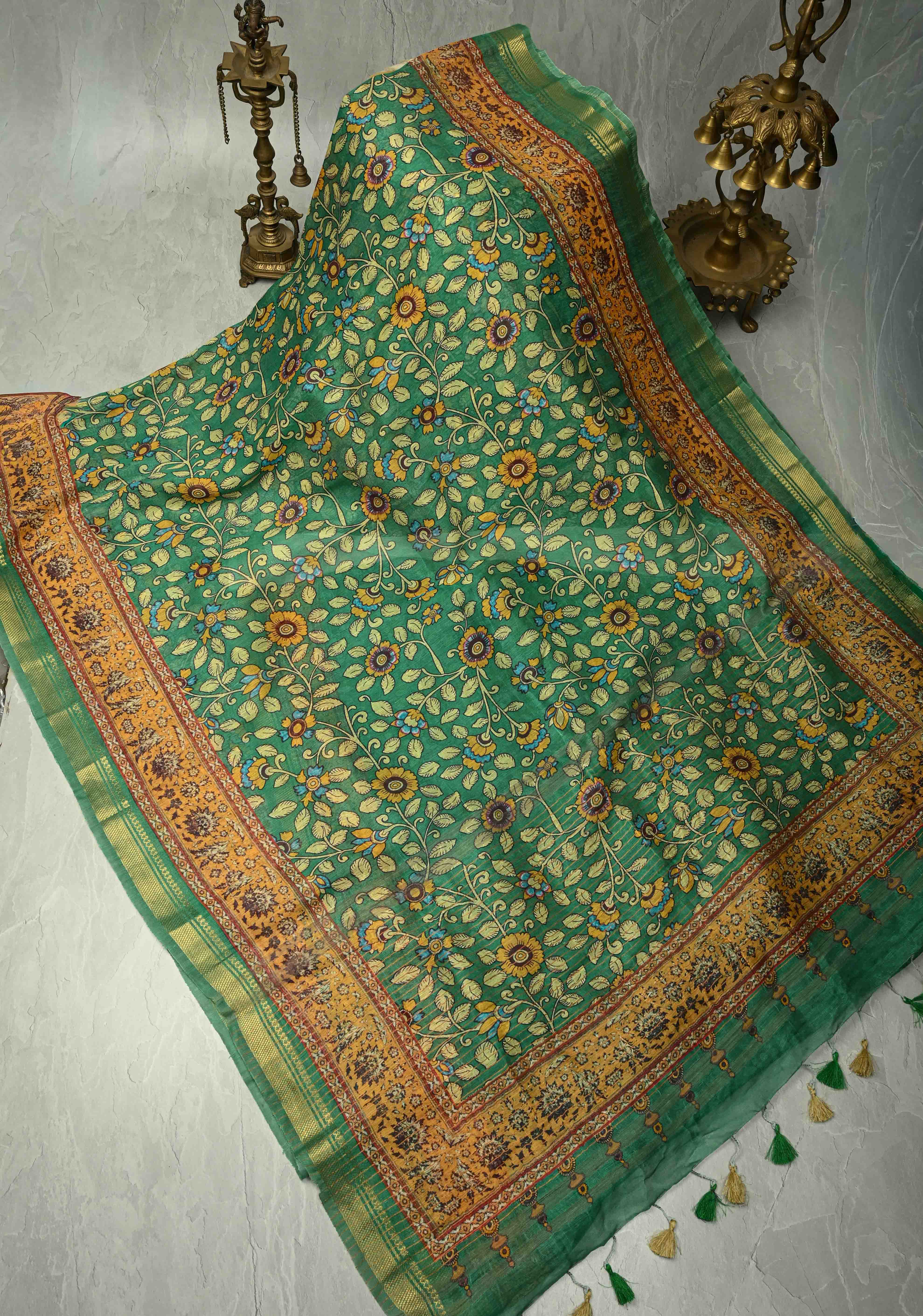 Green Silk Linen Saree with kalamakari Floral digital Print and Minimal Zari Border | Shobitam