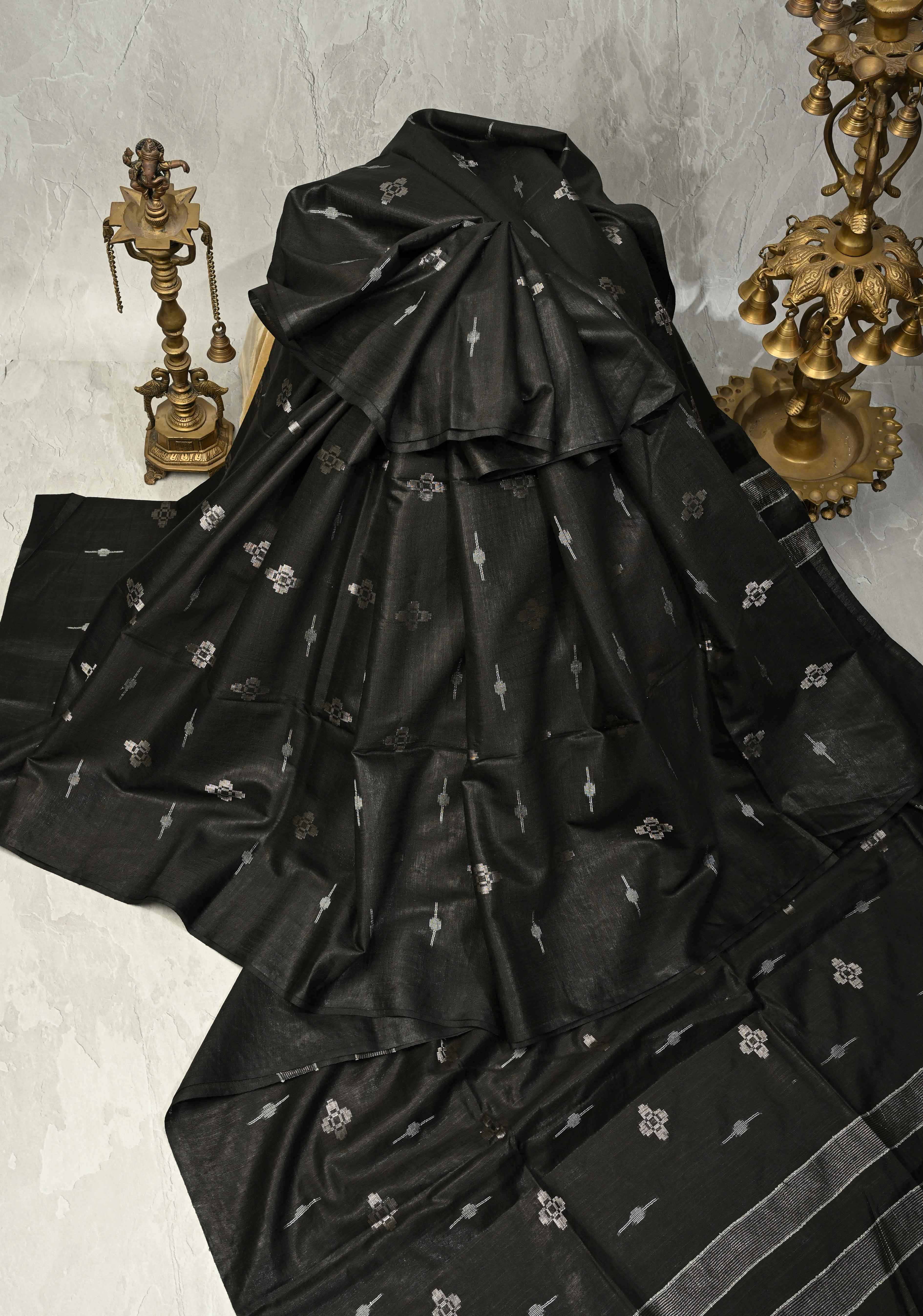 Black Borderless Semi Tussar Tissue Saree with Thread and Zari Buttas