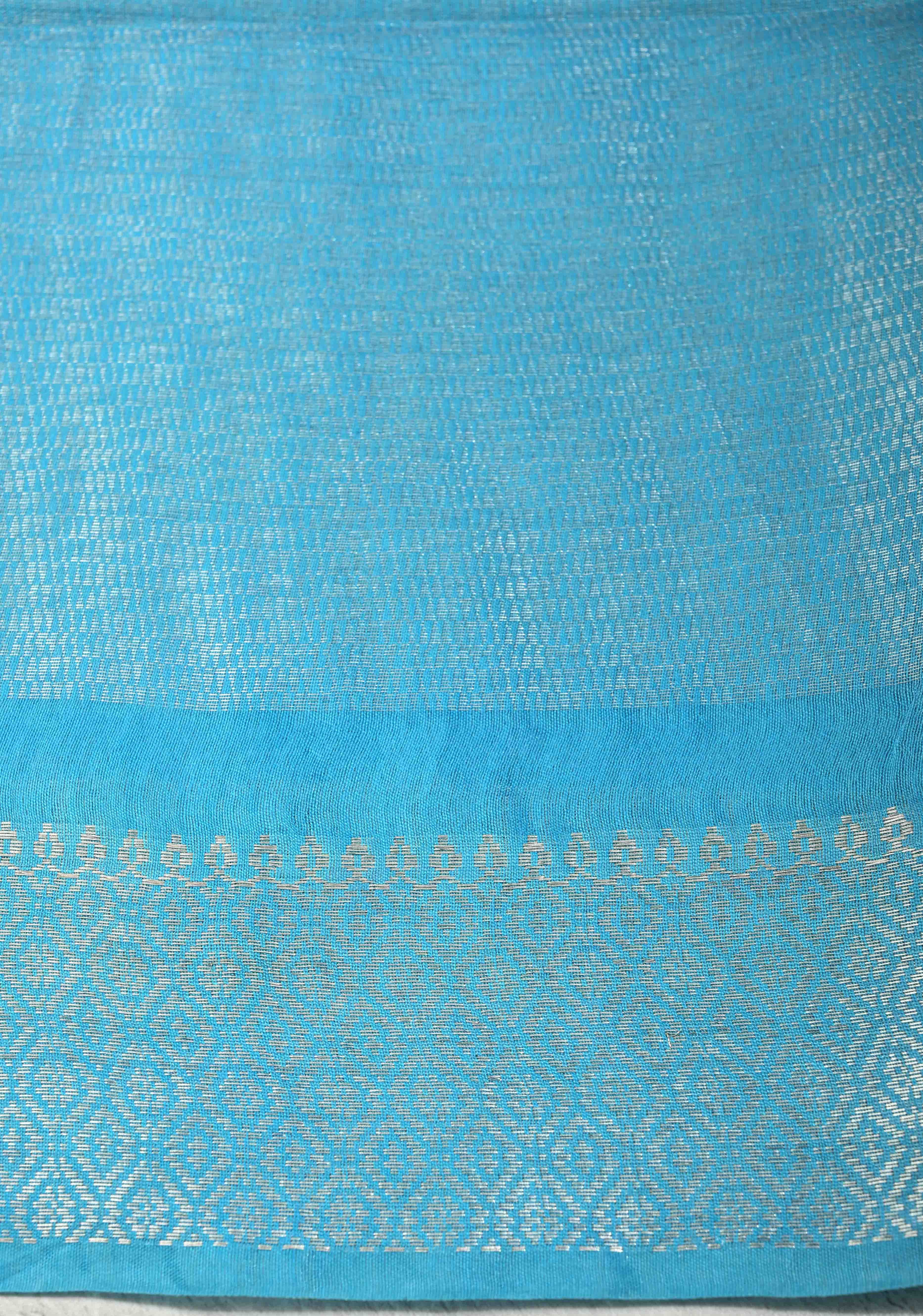 Navy Blue Semi Tussar Tissue Saree with Contrast Silver Zari Border | Shobitam
