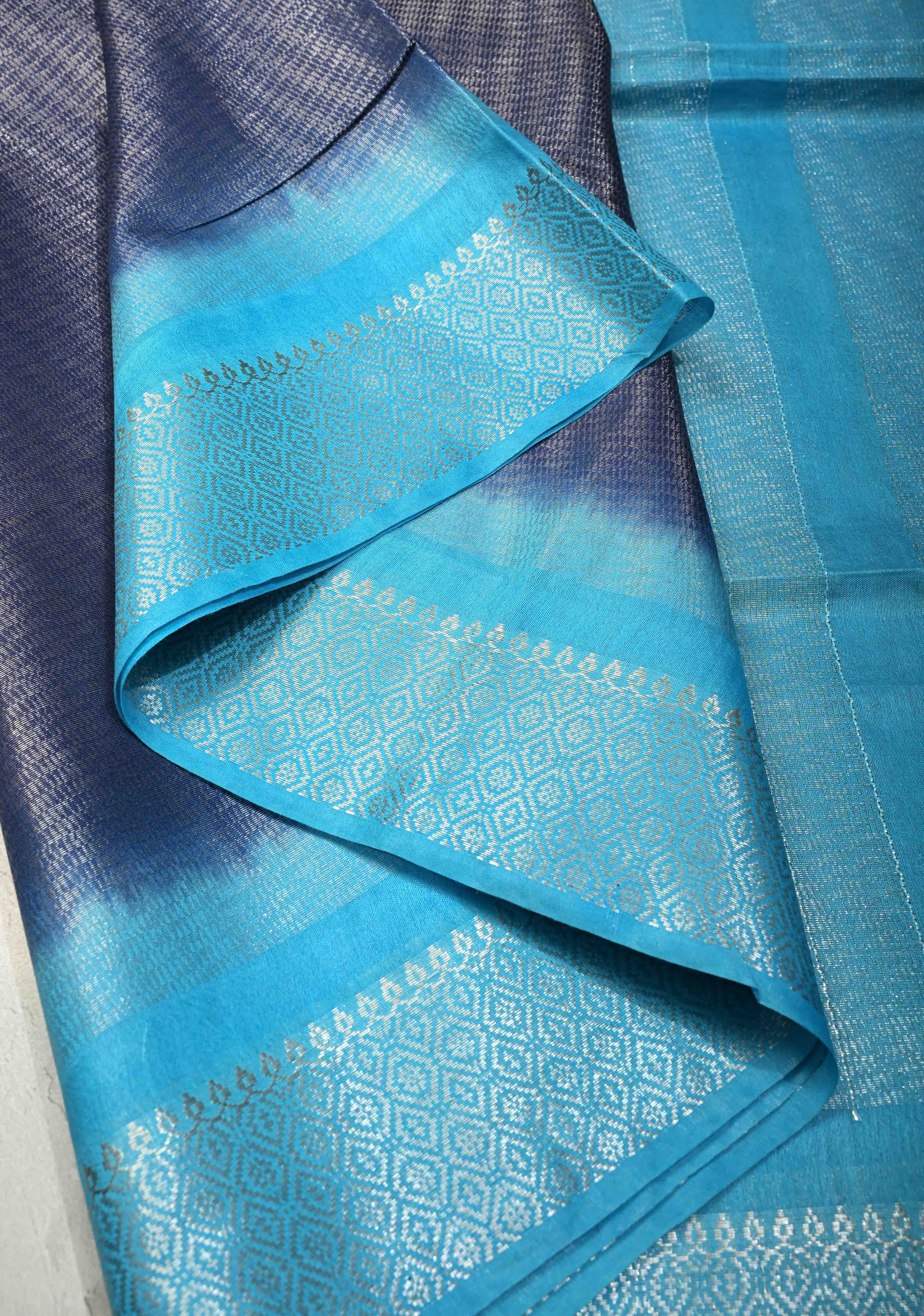 Navy Blue Semi Tussar Tissue Saree with Contrast Silver Zari Border | Shobitam