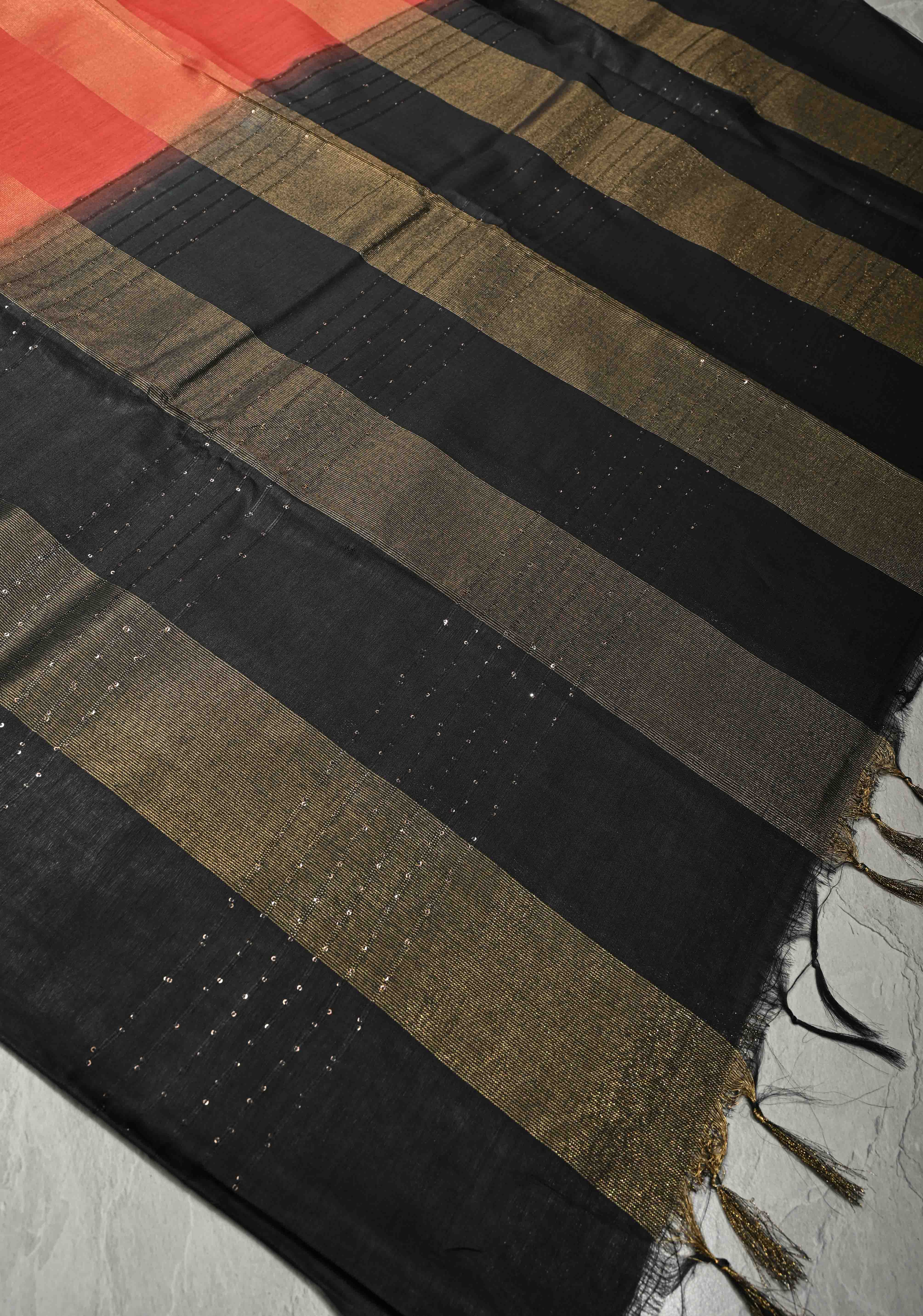 Vermilion Red Borderless Semi Tussar Saree with Muted Tissue Panel and Contrast Sequins Pallu | Shobitam