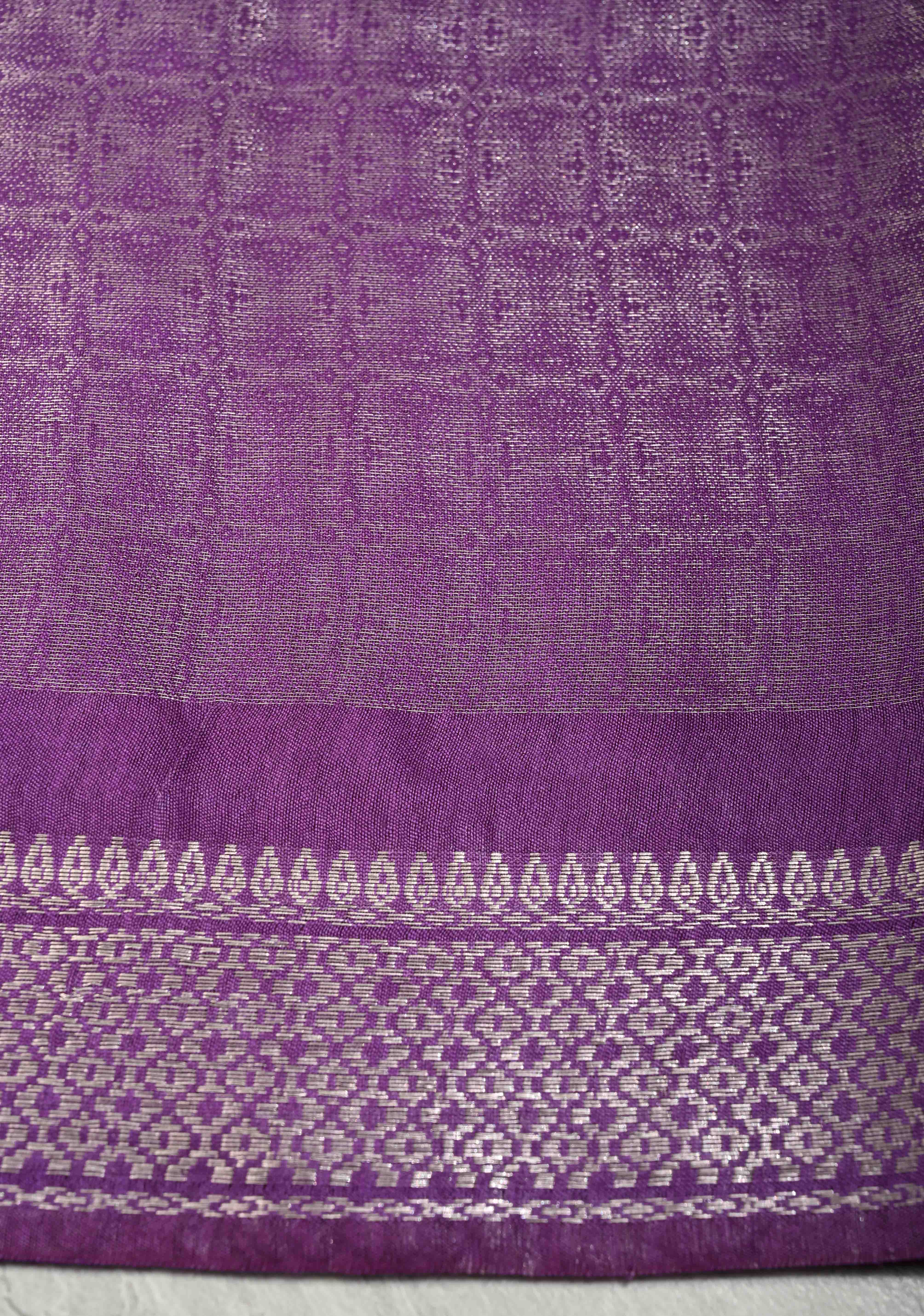 Coffee Brown Semi Tussar Tissue Saree with Contrast Silver Zari Border | Shobitam