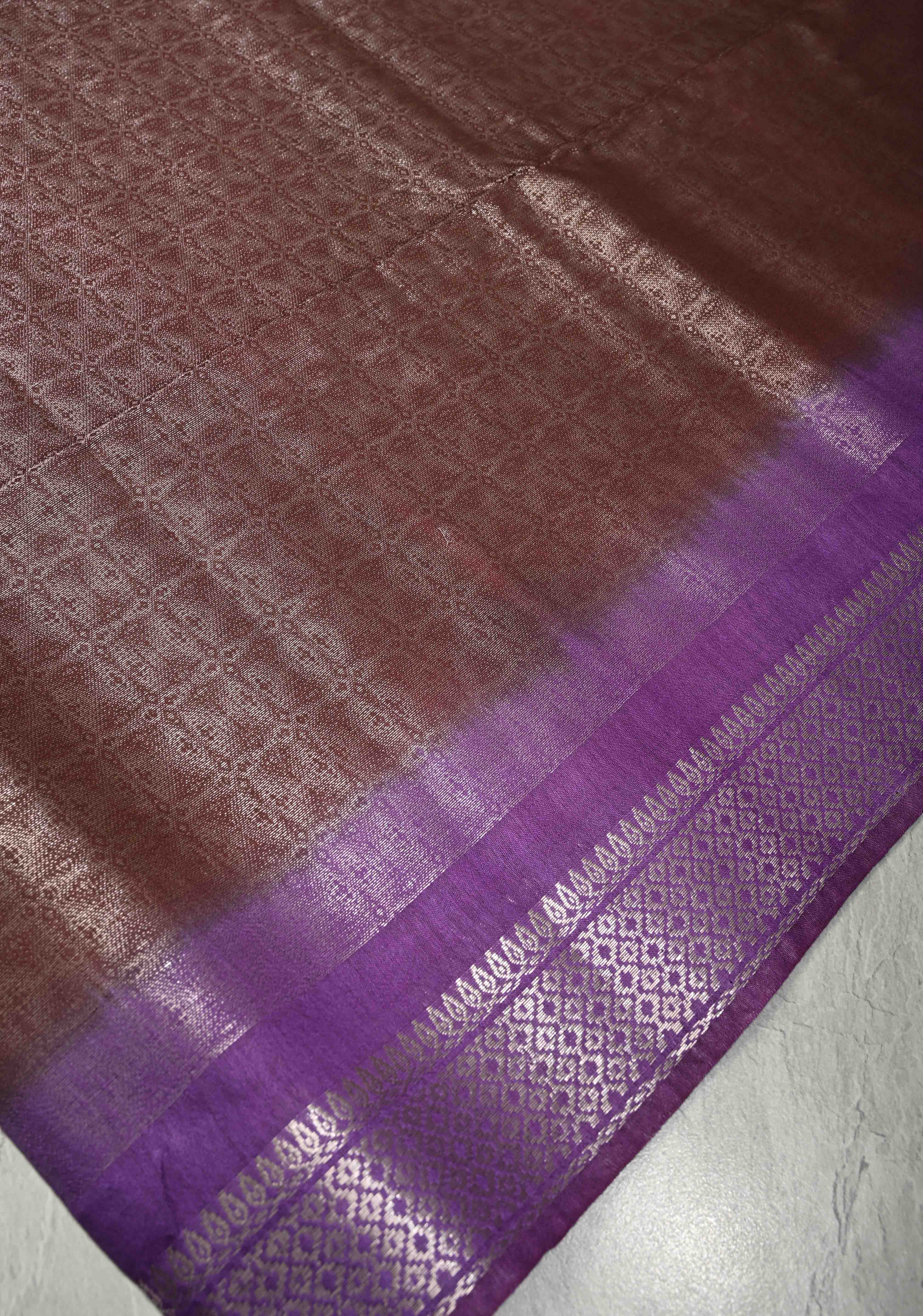 Coffee Brown Semi Tussar Tissue Saree with Contrast Silver Zari Border | Shobitam