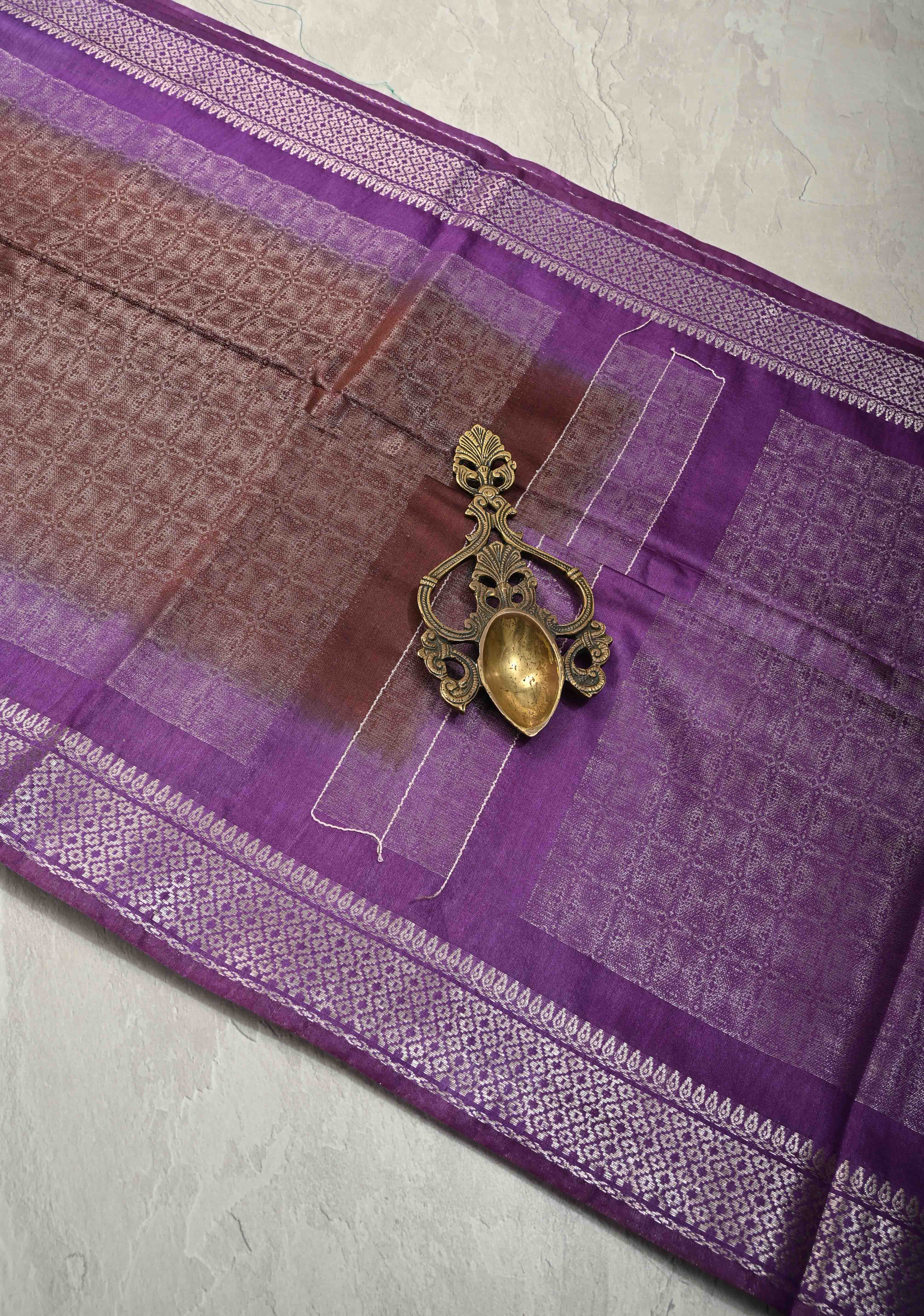 Coffee Brown Semi Tussar Tissue Saree with Contrast Silver Zari Border | Shobitam