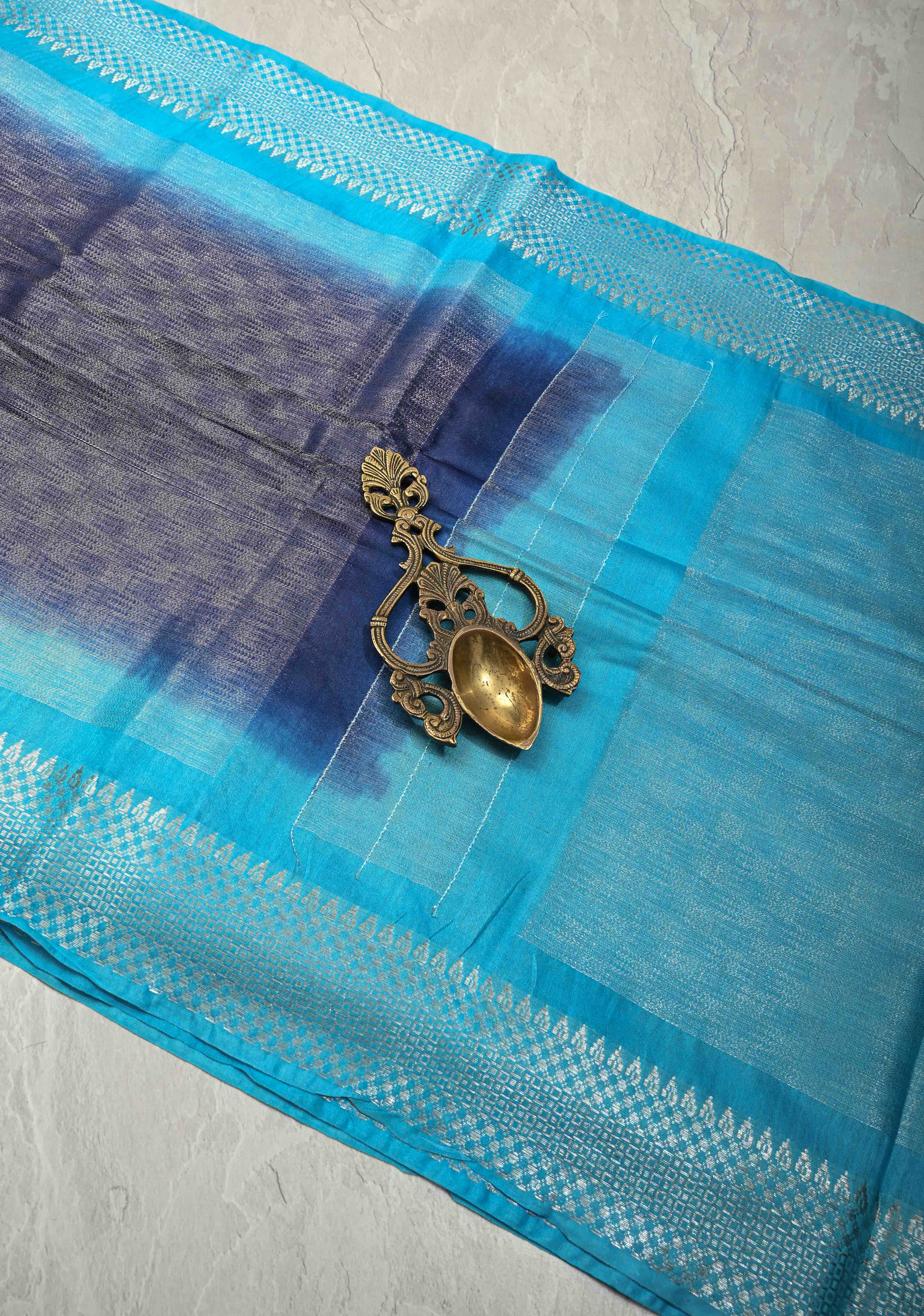 Midnight Navy Blue Semi Tussar Tissue Saree with Contrast Silver Zari Border | Shobitam