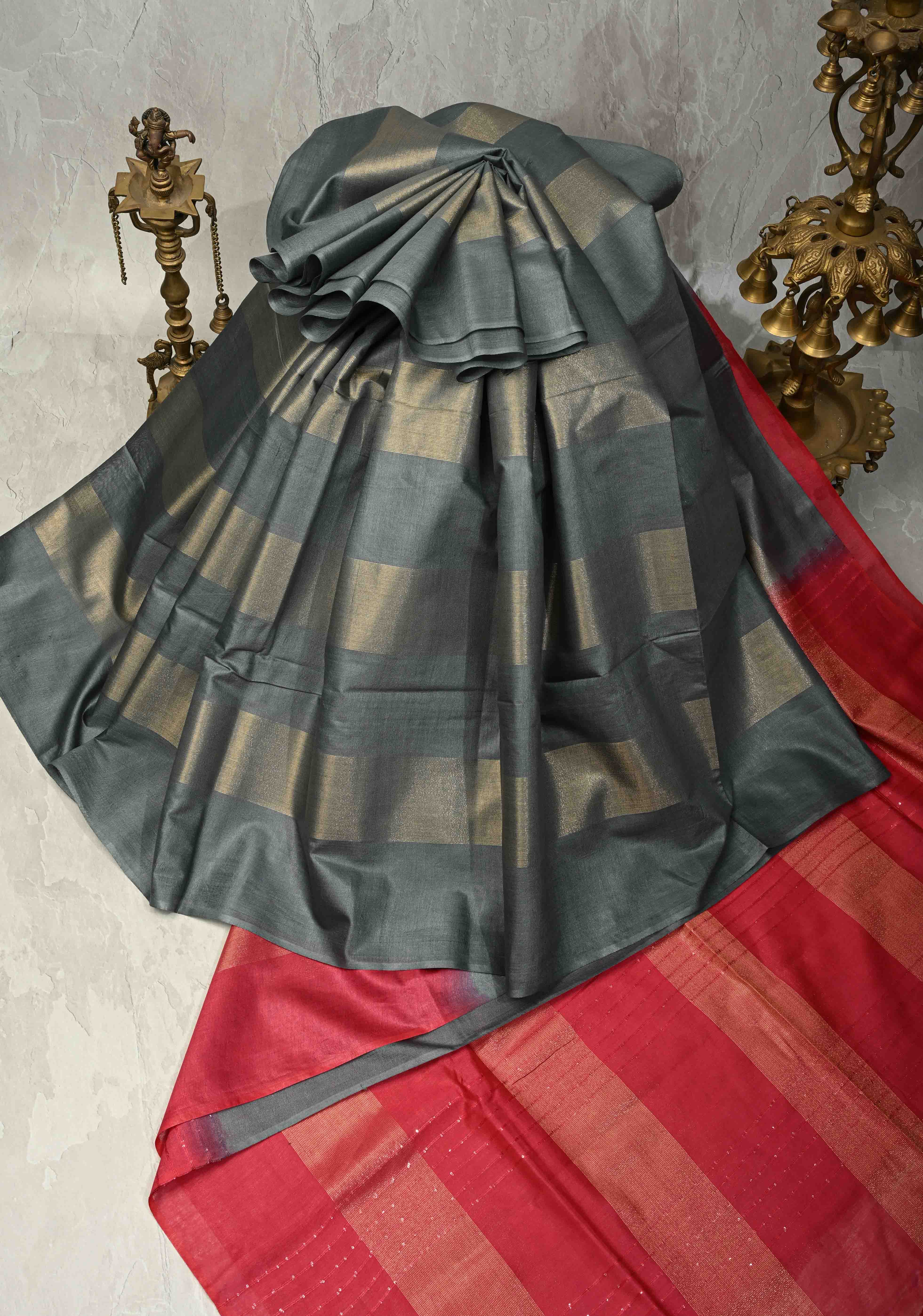 Gray Borderless Semi Tussar Saree with Muted Tissue Panel and Contrast Sequins Pallu