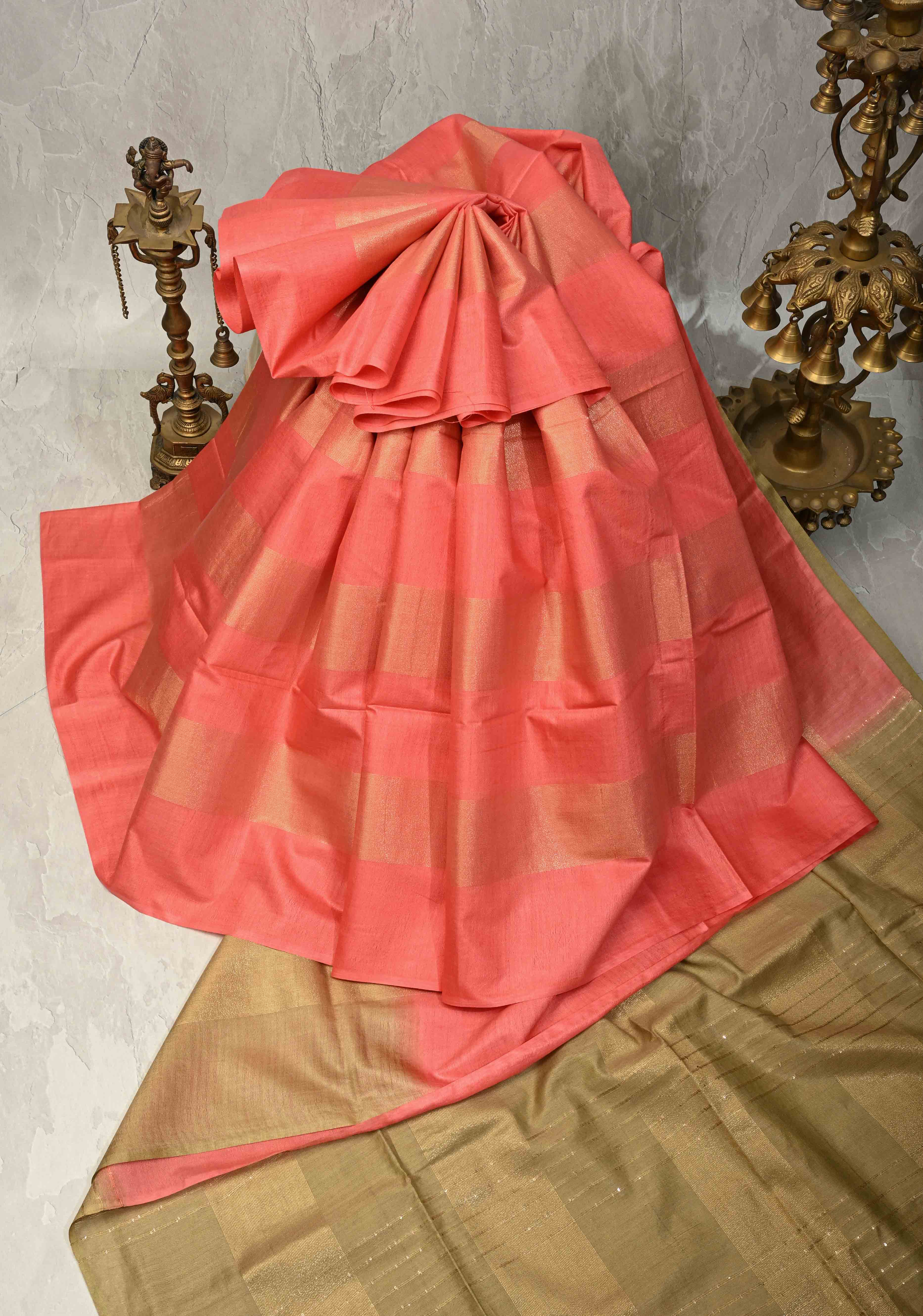 Salmon Pink Borderless Semi Tussar Saree with Muted Tissue Panel and Contrast Sequins Pallu | Shobitam