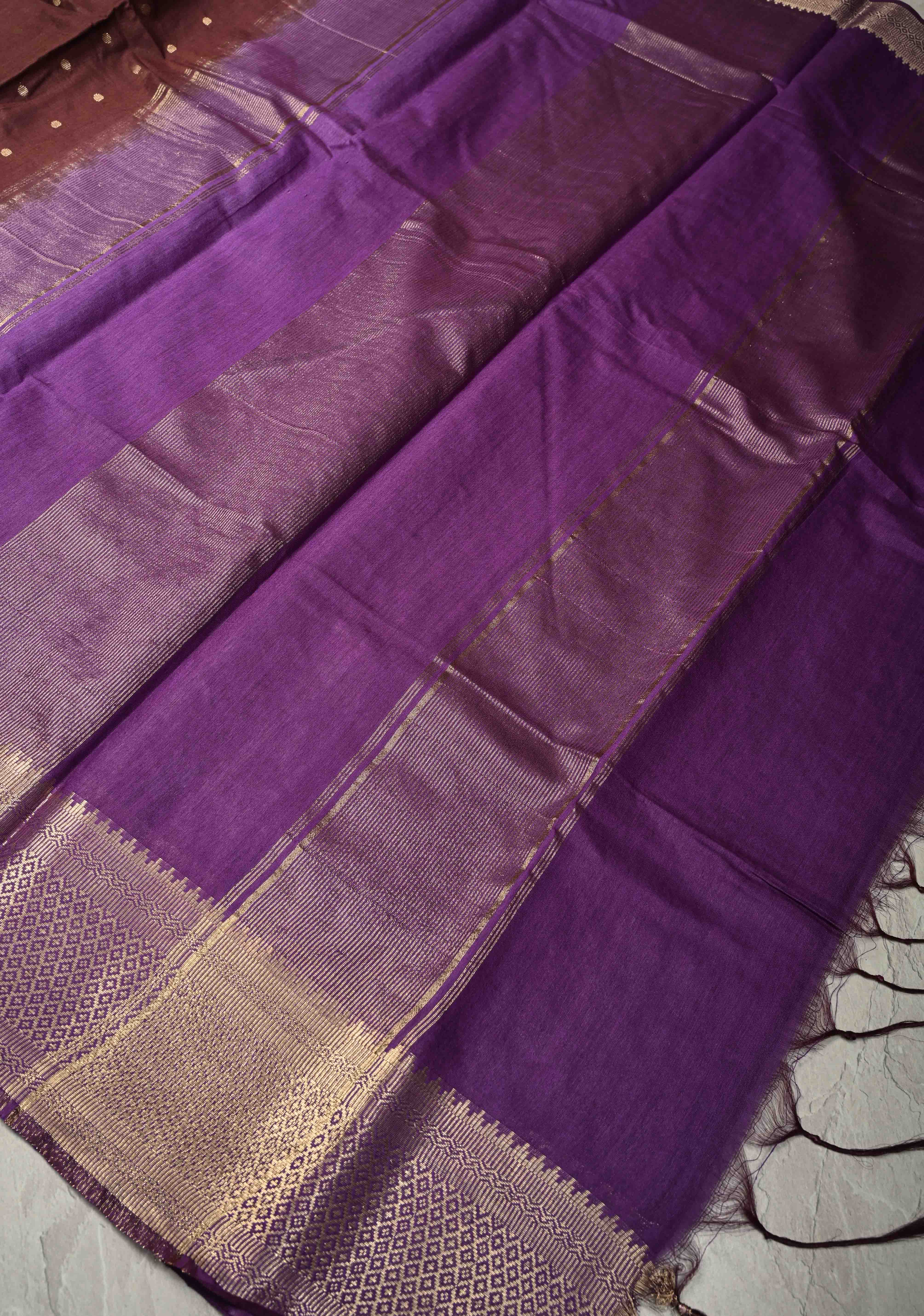 Chocolate Brown Semi Tussar Saree with Zari Polka Dots and Contrast Zari Border | Shobitam