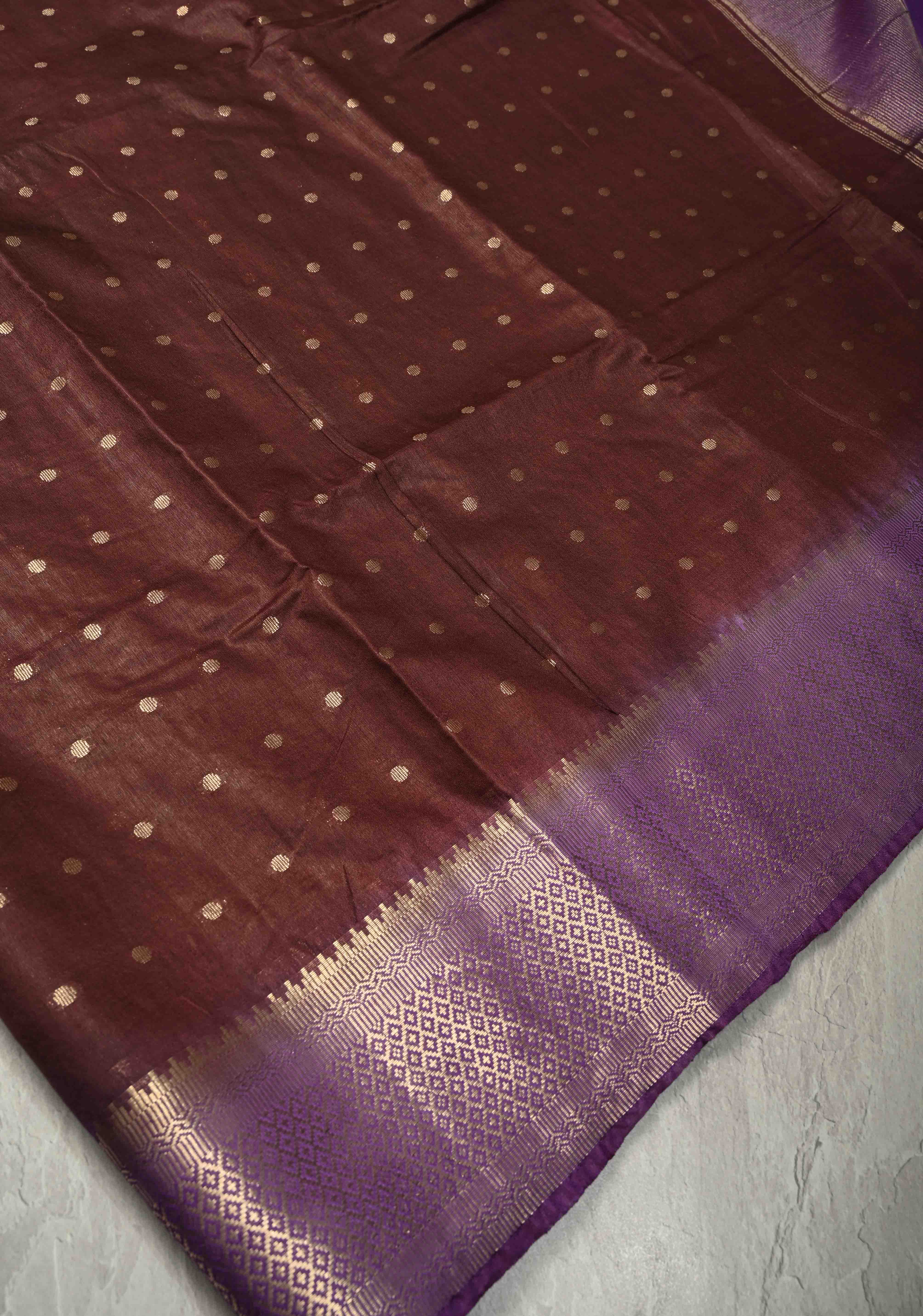 Chocolate Brown Semi Tussar Saree with Zari Polka Dots and Contrast Zari Border | Shobitam