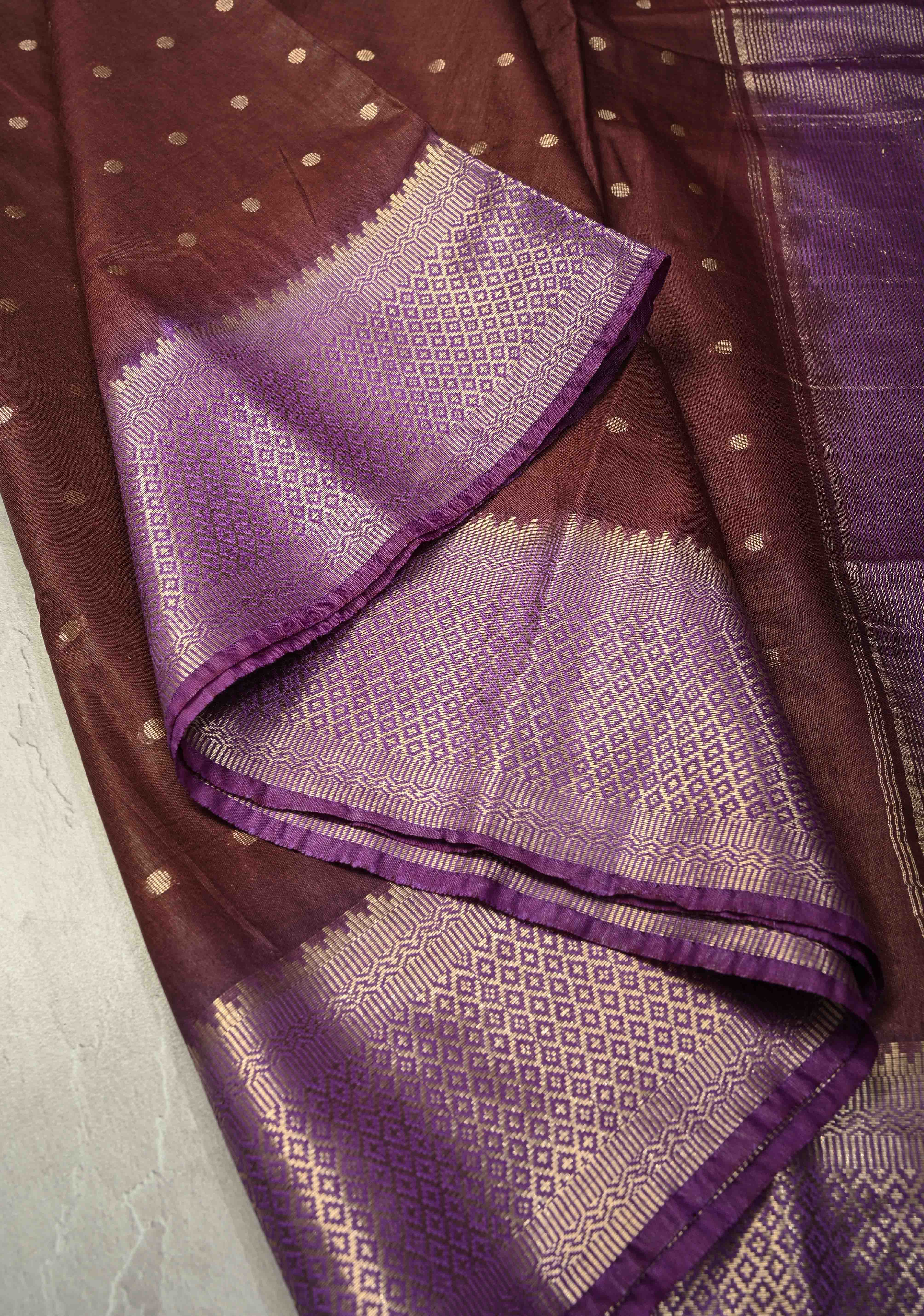 Chocolate Brown Semi Tussar Saree with Zari Polka Dots and Contrast Zari Border | Shobitam