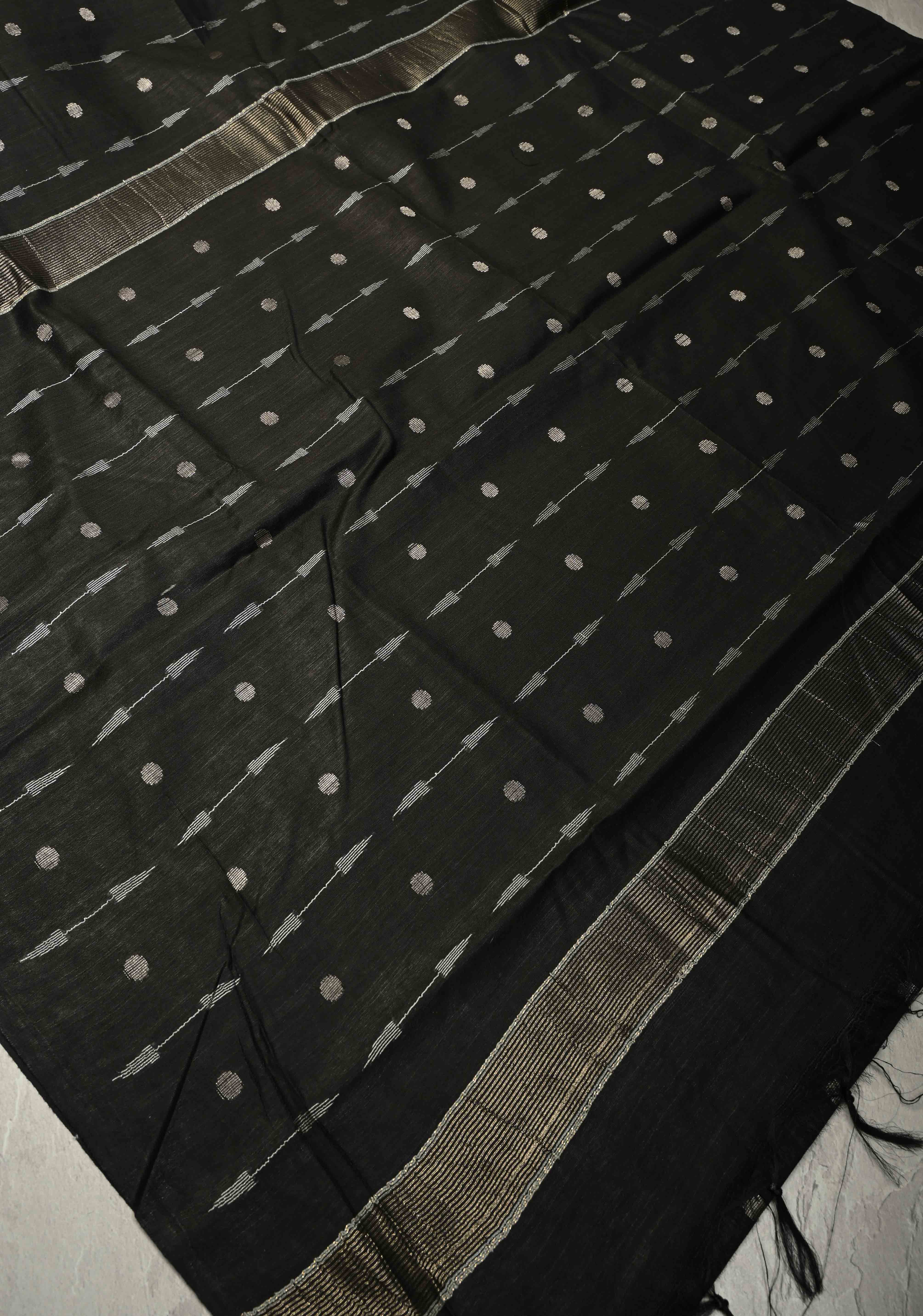 Black Borderless Semi Tussar Saree with Zari Polka Dots and Thread Stripes | Shobitam