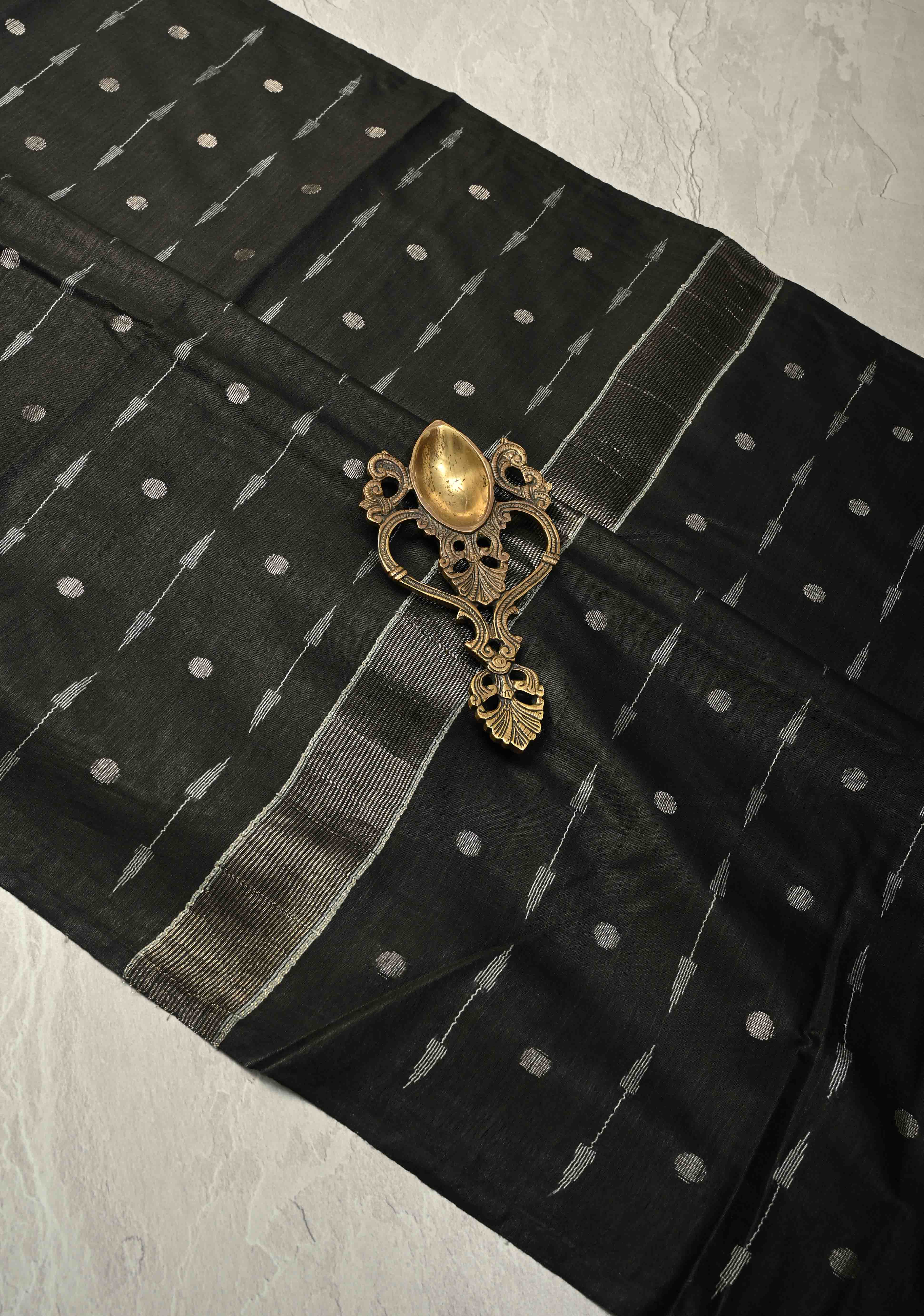 Black Borderless Semi Tussar Saree with Zari Polka Dots and Thread Stripes | Shobitam