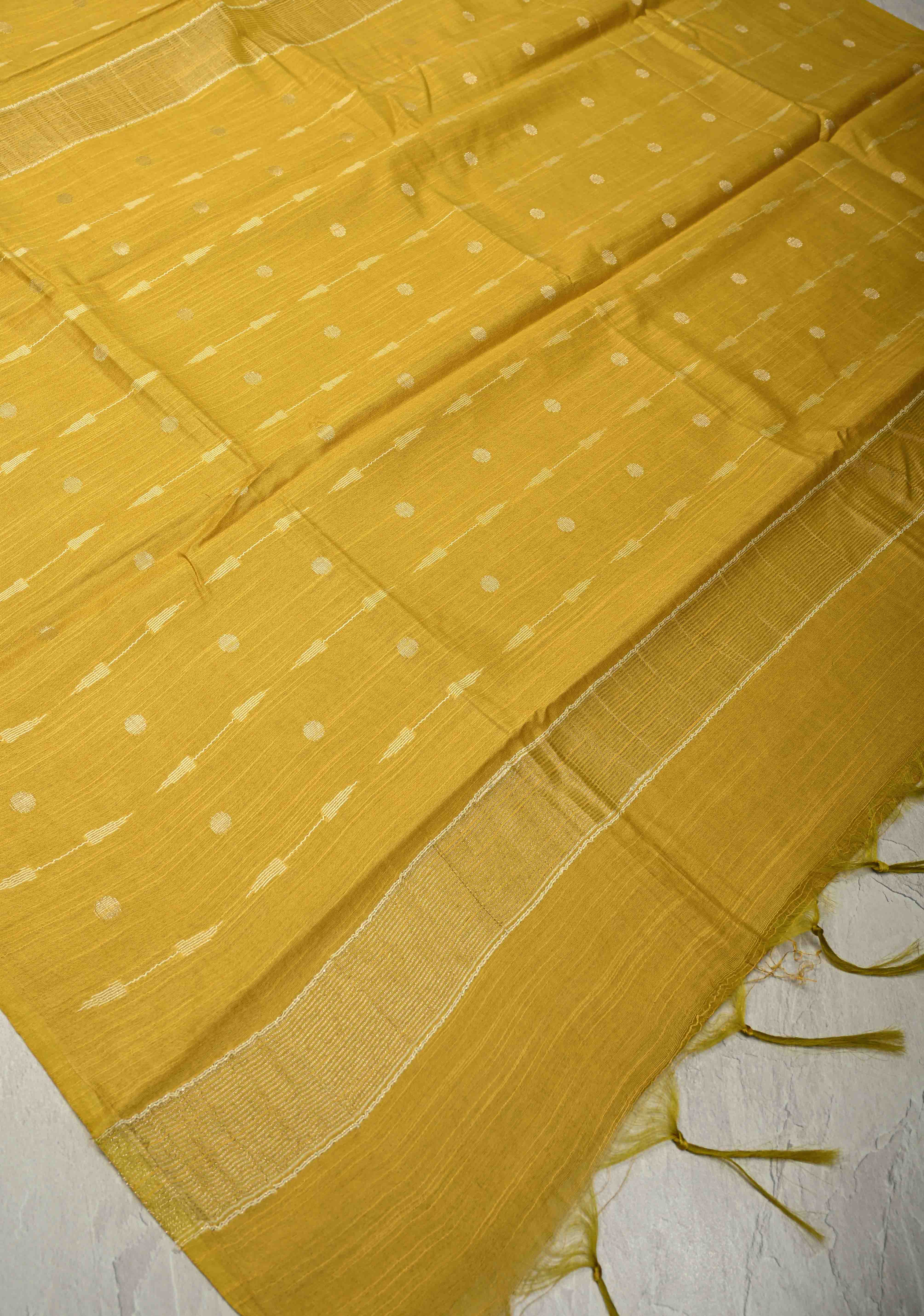 Mustard Yellow Borderless Semi Tussar Saree with Zari Polka Dots and Thread Stripes | Shobitam
