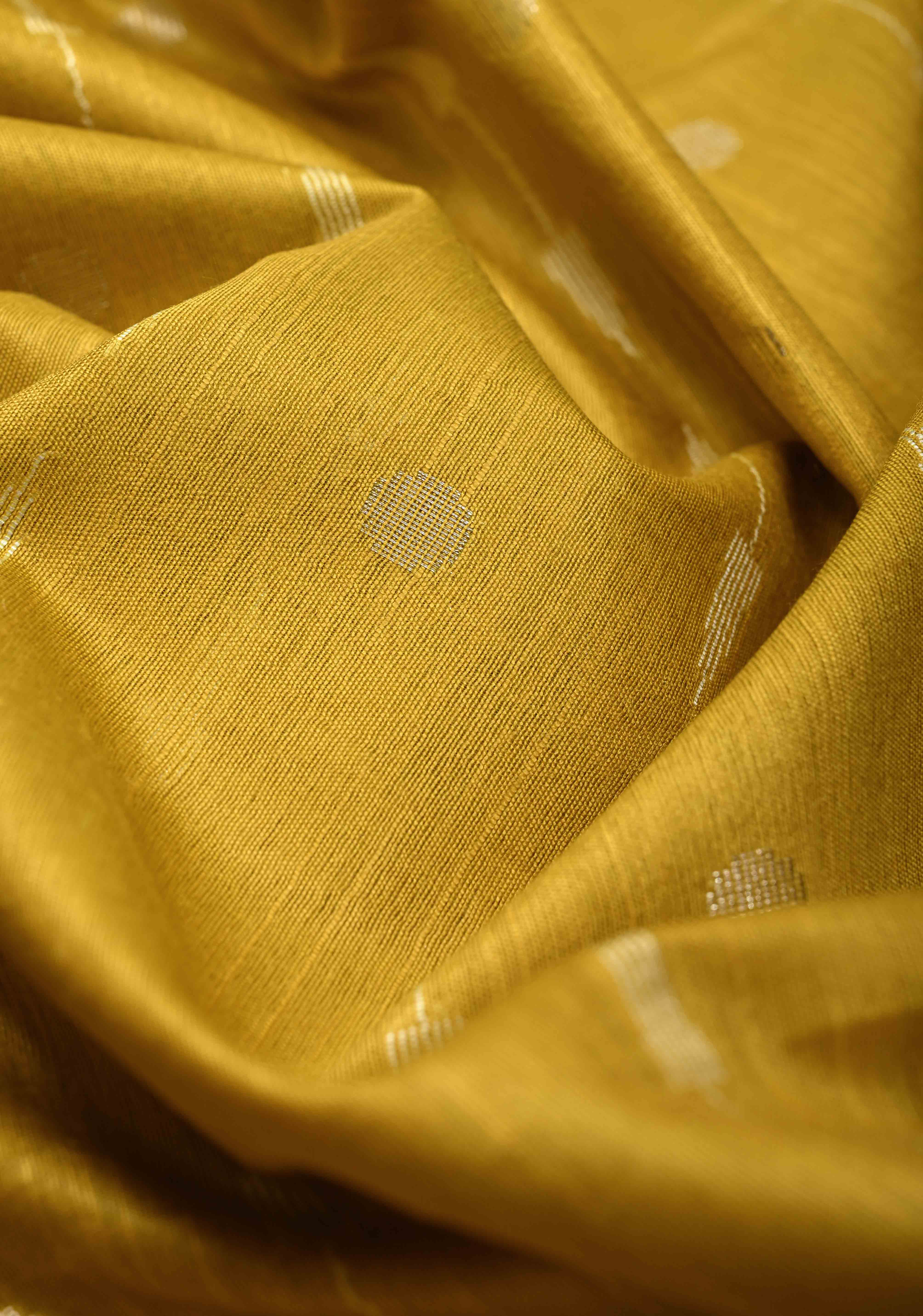 Mustard Yellow Borderless Semi Tussar Saree with Zari Polka Dots and Thread Stripes | Shobitam