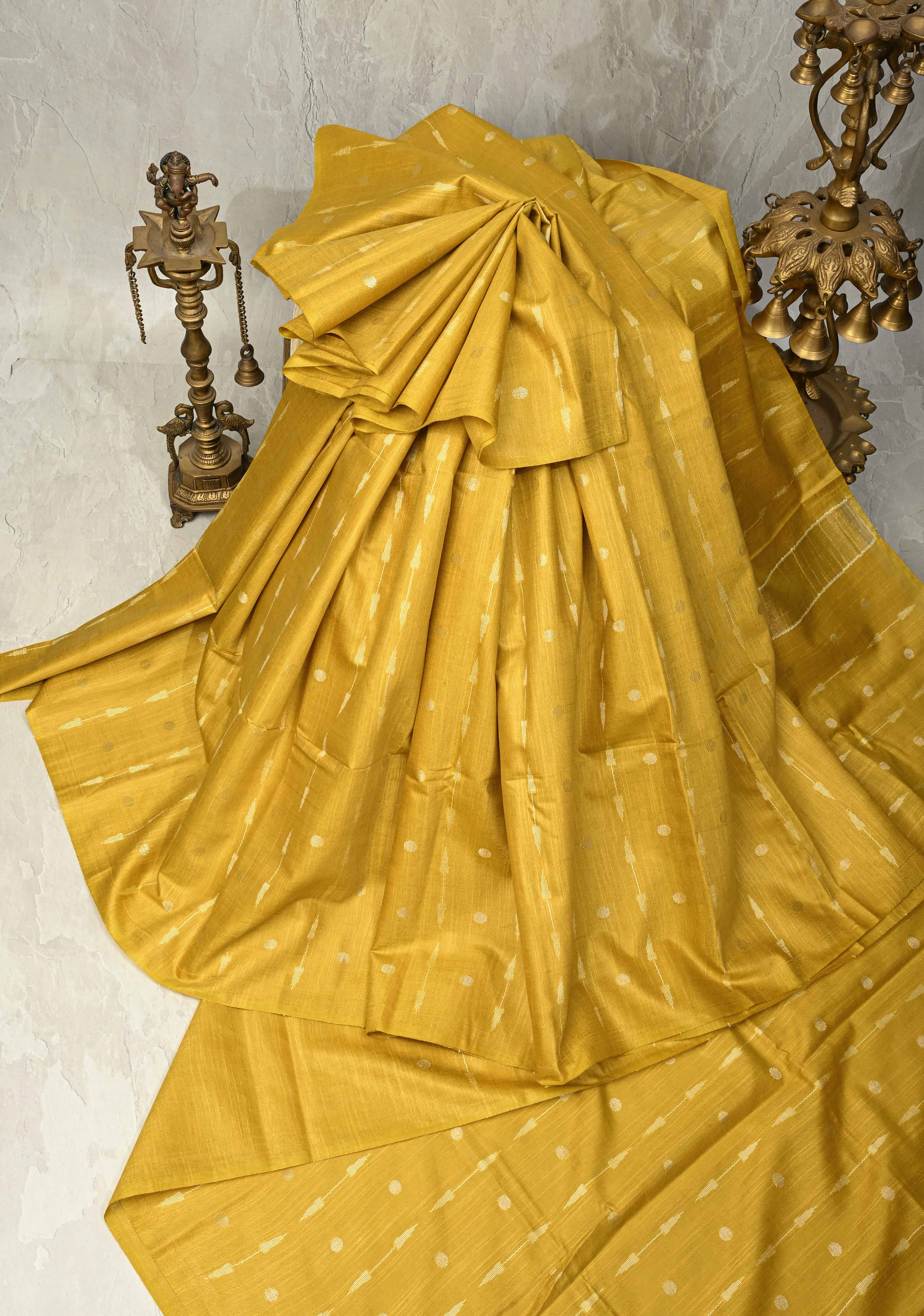 Mustard Yellow Borderless Semi Tussar Saree with Zari Polka Dots and Thread Stripes | Shobitam