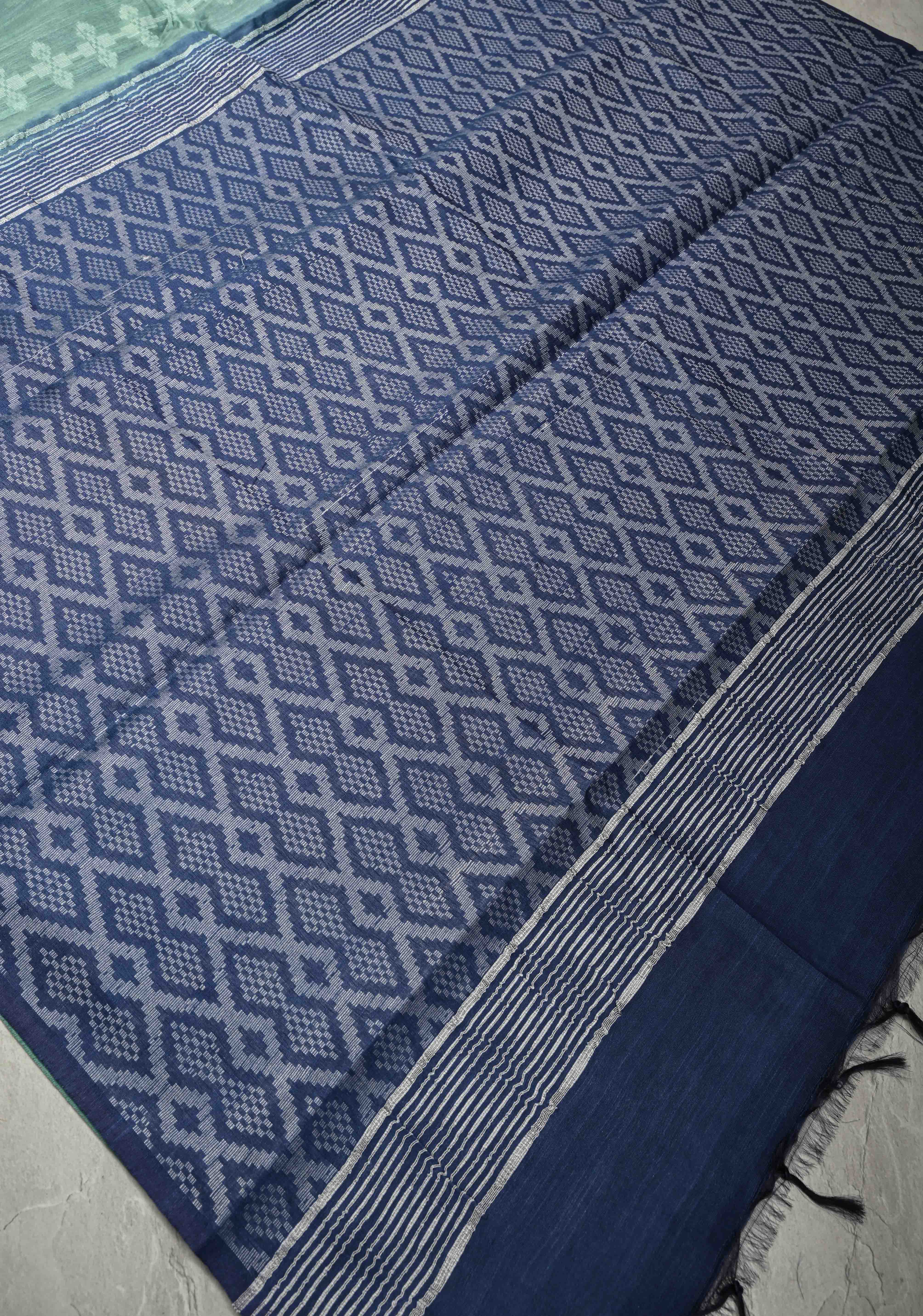 Seafoam Green Borderless Semi Tussar Saree with Thread Stripes-Buttas and Contrast Pallu | Shobitam