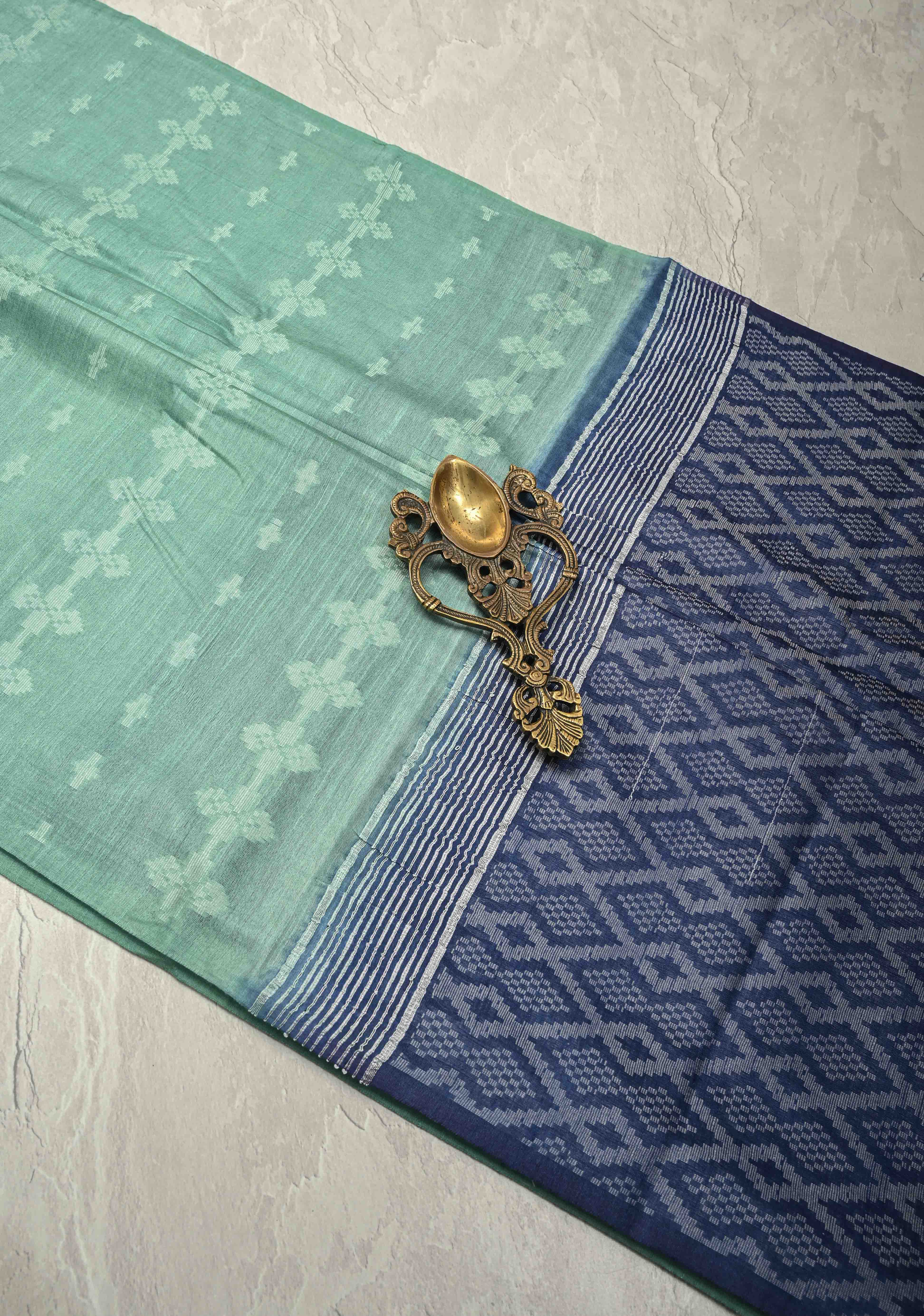 Seafoam Green Borderless Semi Tussar Saree with Thread Stripes-Buttas and Contrast Pallu | Shobitam