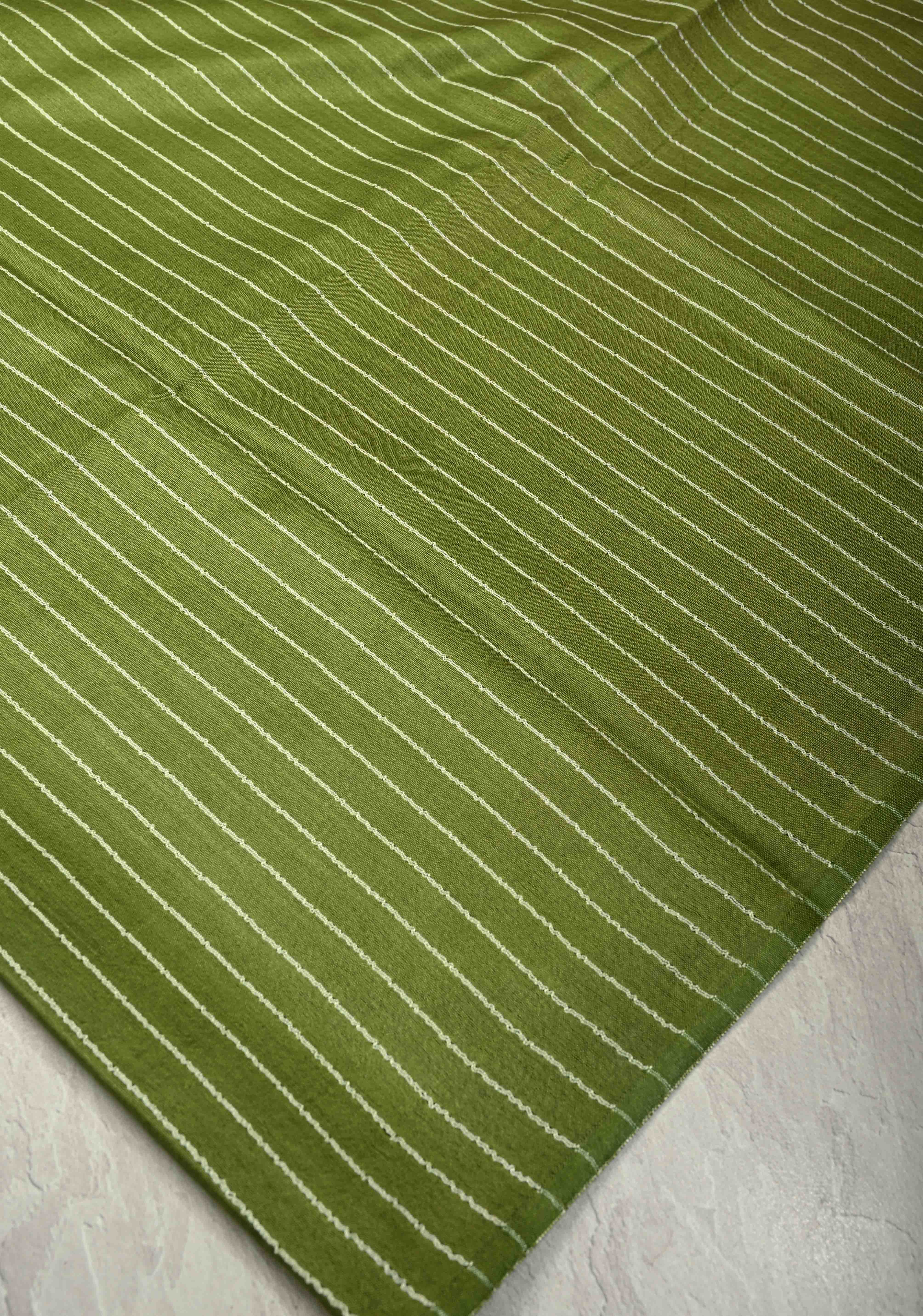 Sap Green Borderless Semi Tussar Saree with Thread Horizontal Stripes and Contrast Pallu | Shobitam