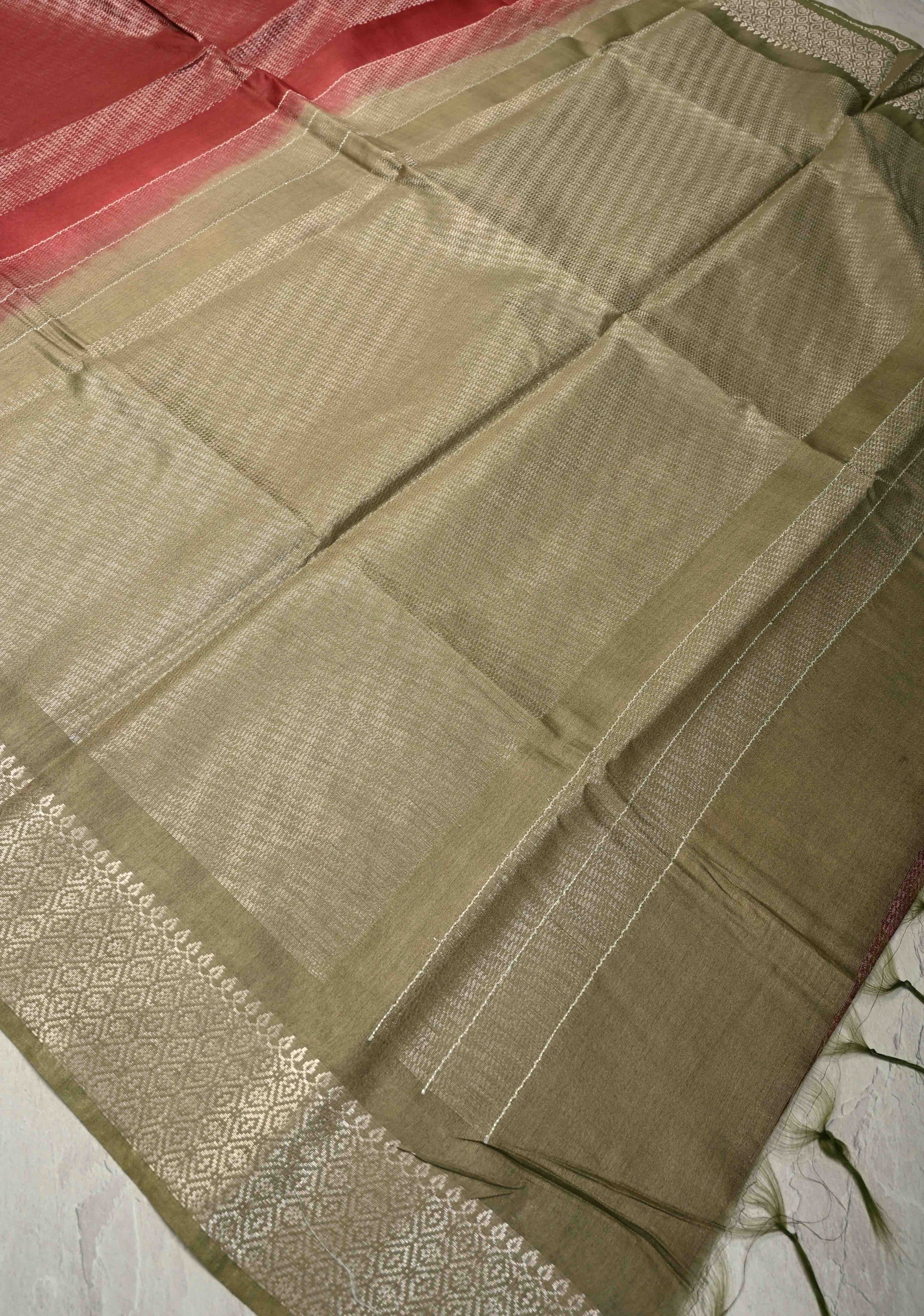 Brick Red  Semi Tussar Tissue Saree with Contrast Zari Border and Pallu | Shobitam