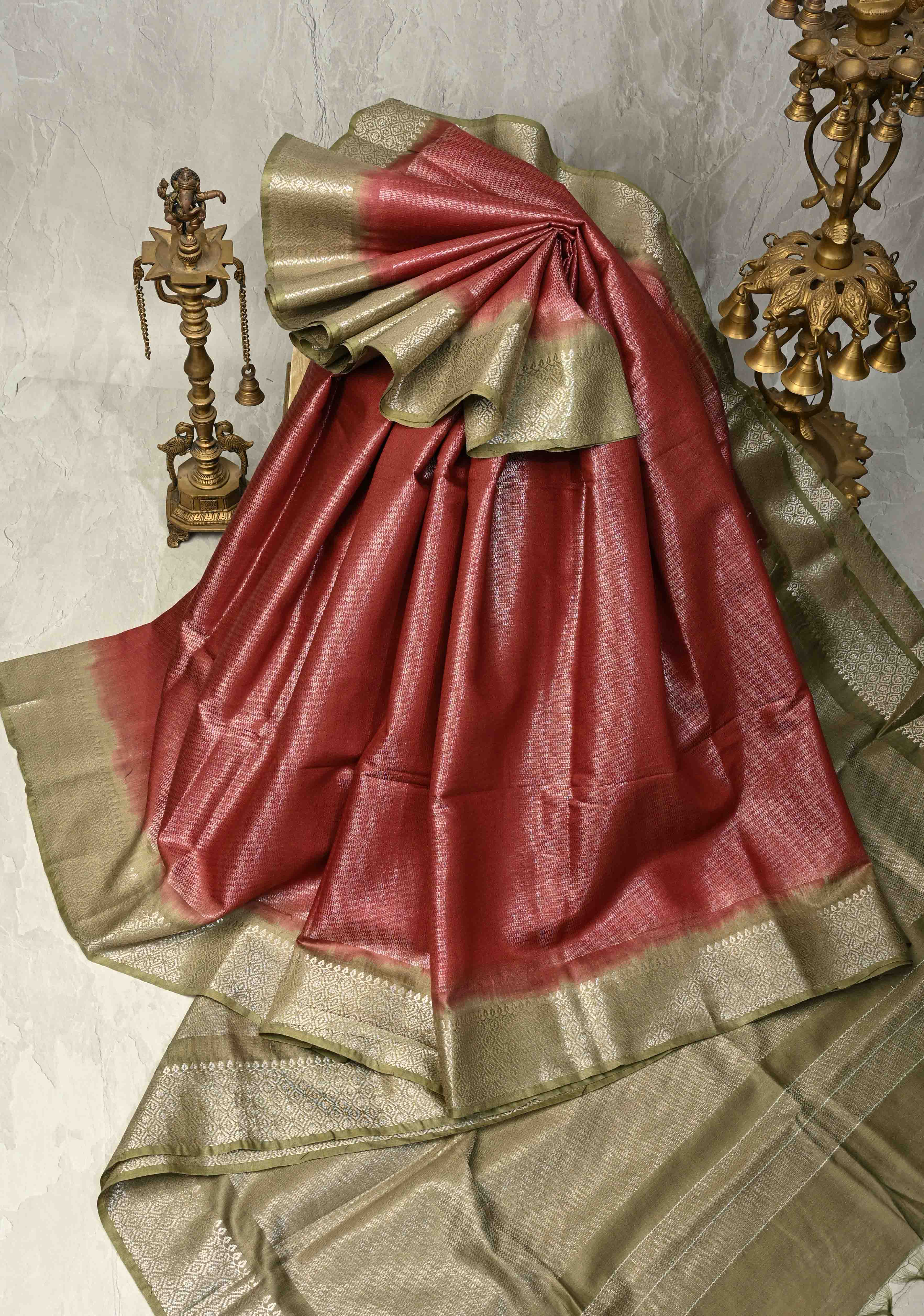 Brick Red  Semi Tussar Tissue Saree with Contrast Zari Border and Pallu | Shobitam