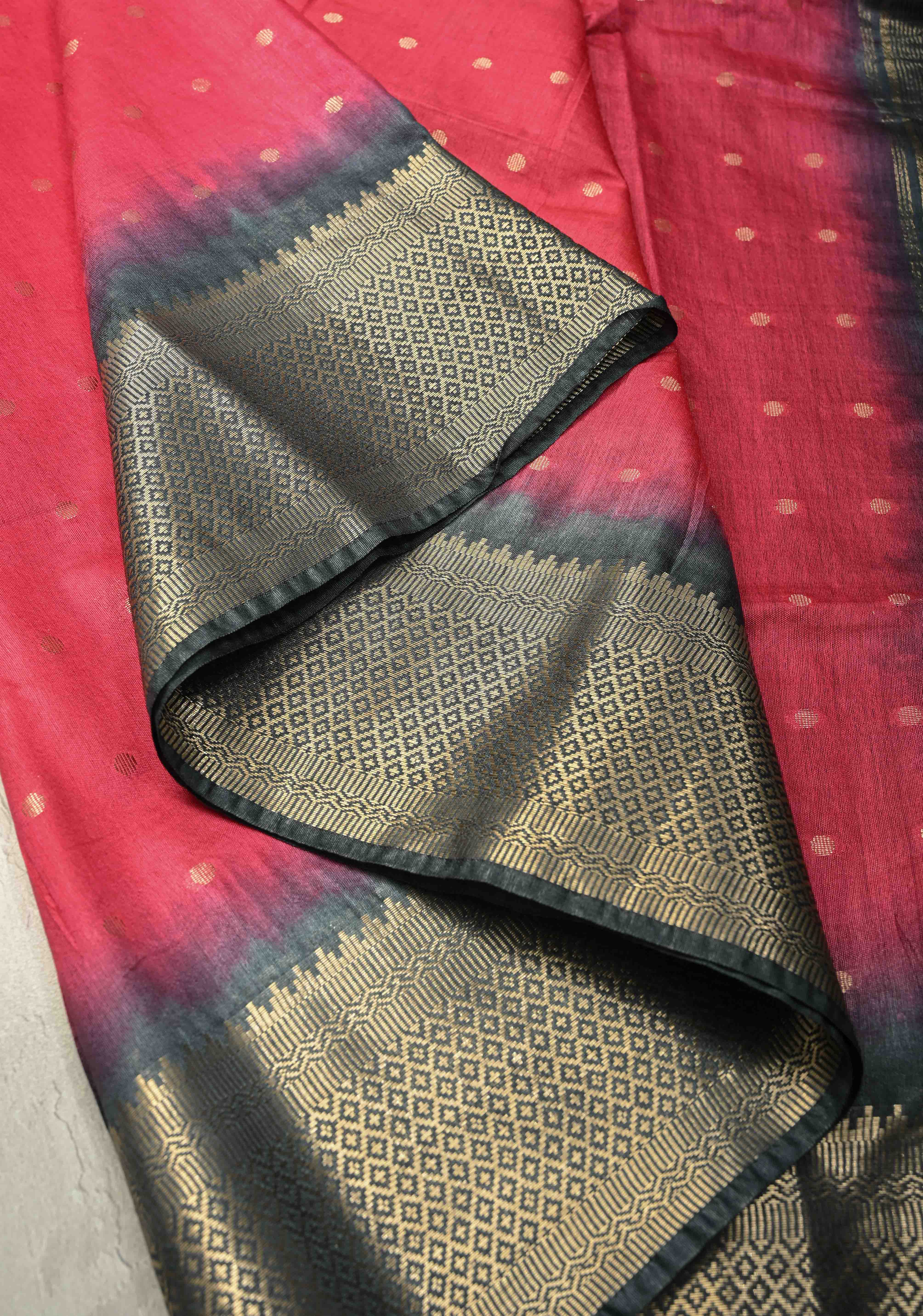 Pink Semi Tussar Saree with Zari Polka Dots and Contrast Zari Border | Shobitam