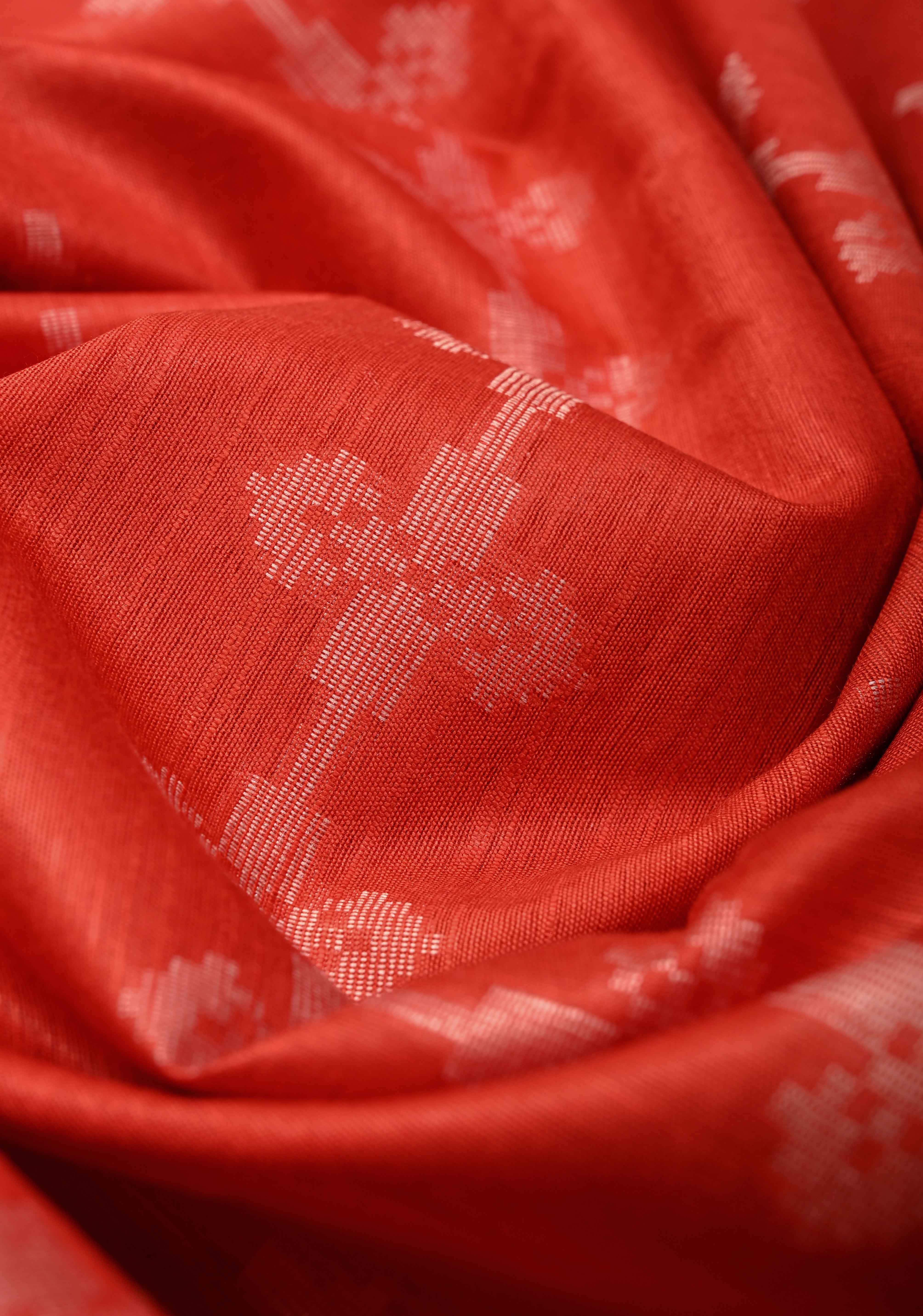 Vermilion Red Borderless Semi Tussar Saree with Thread Stripes-Buttas and Contrast Pallu | Shobitam