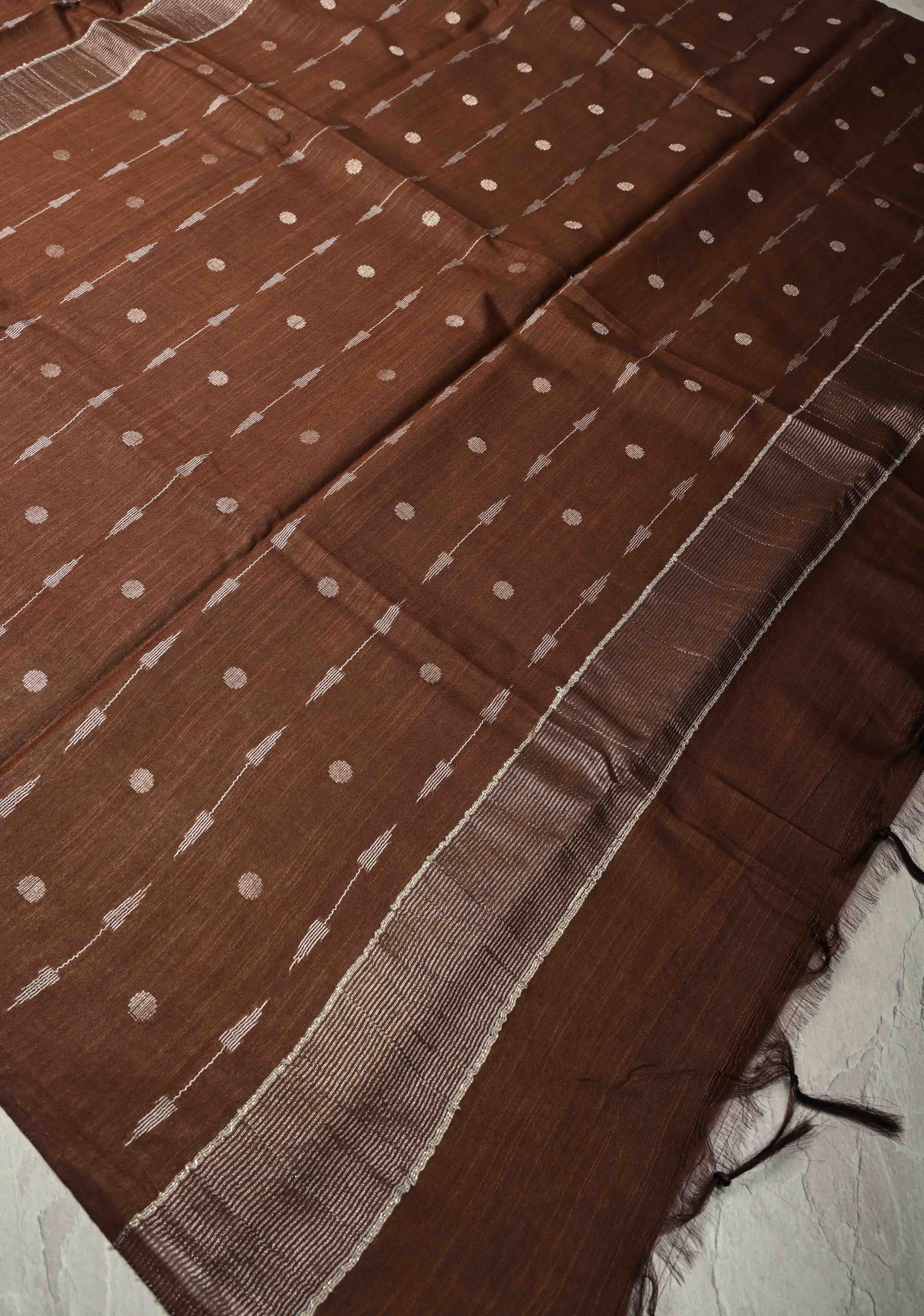 Coffee Brown Borderless Semi Tussar Saree with Zari Polka Dots and Thread Stripes | Shobitam