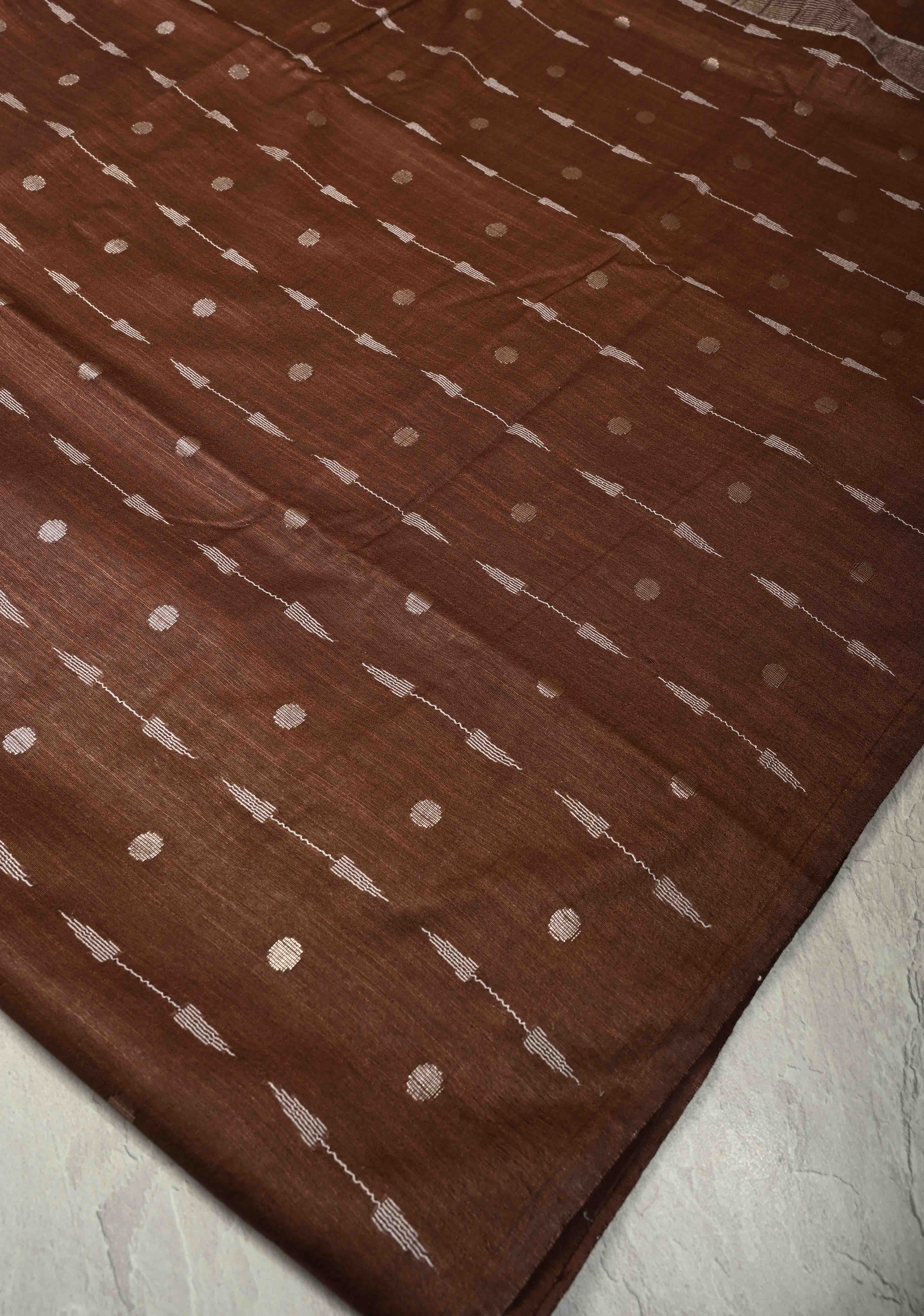 Coffee Brown Borderless Semi Tussar Saree with Zari Polka Dots and Thread Stripes | Shobitam