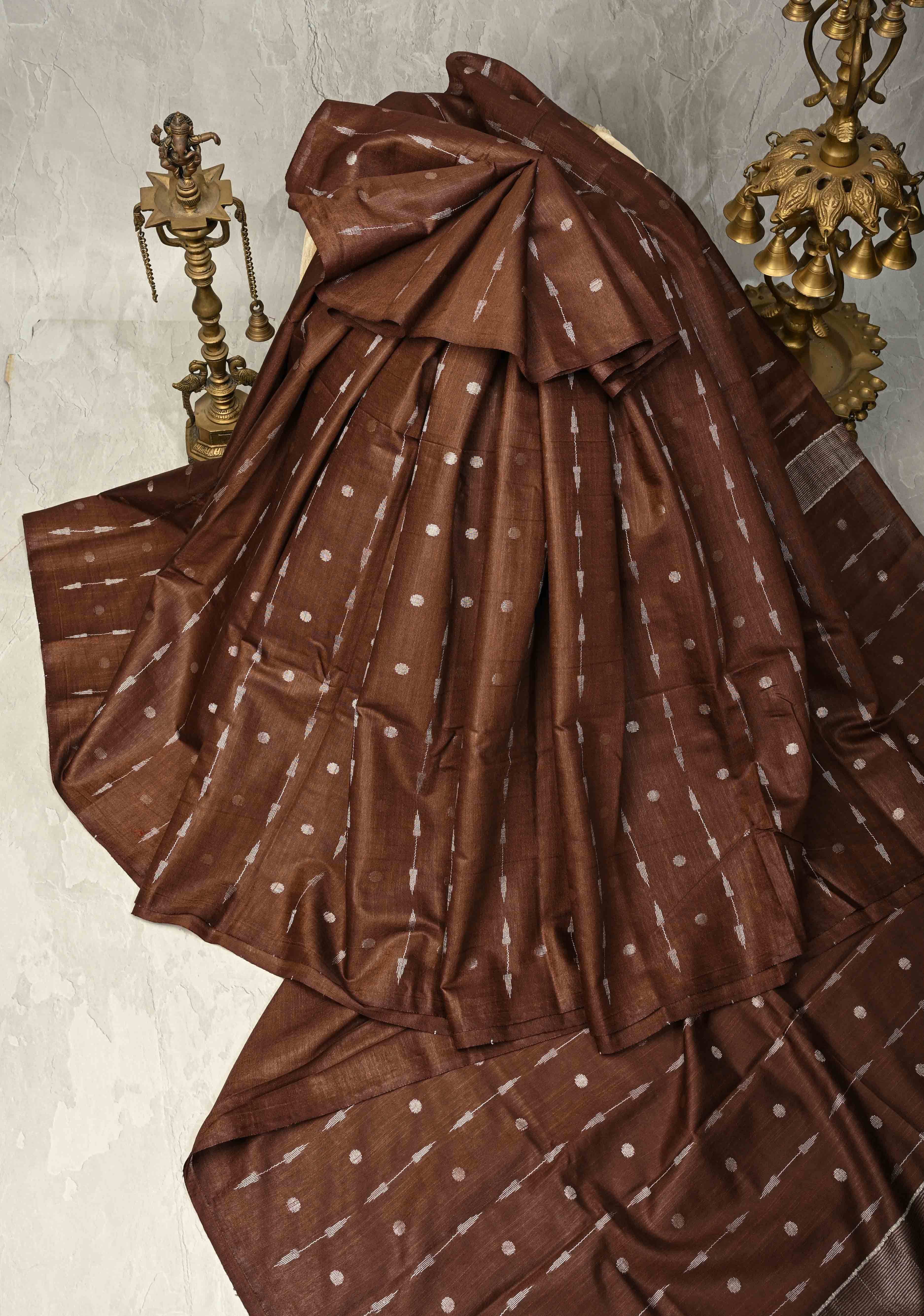 Coffee Brown Borderless Semi Tussar Saree with Zari Polka Dots and Thread Stripes | Shobitam
