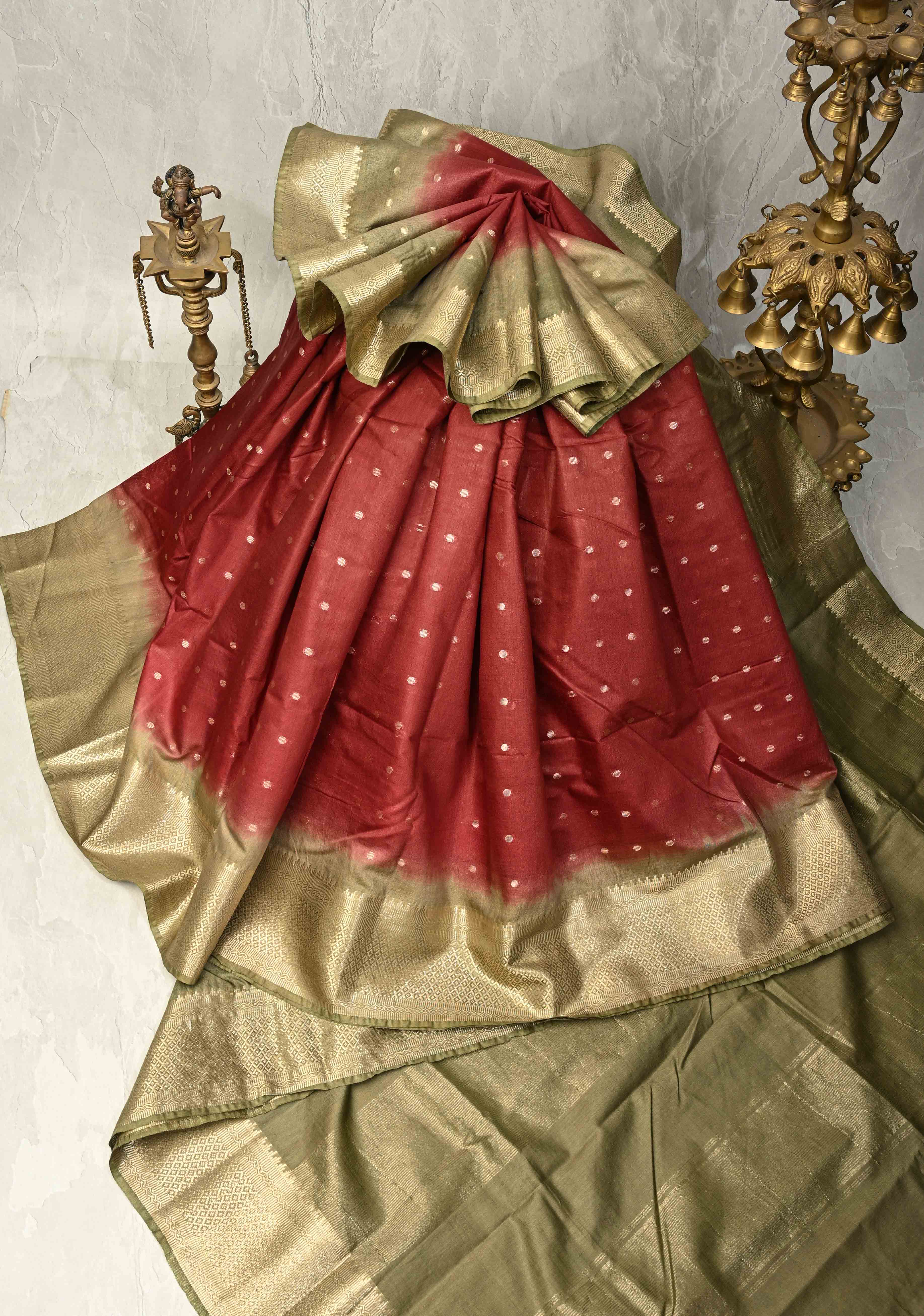 Maroon Semi Tussar Saree with Zari Polka Dots and Contrast Zari Border | Shobitam