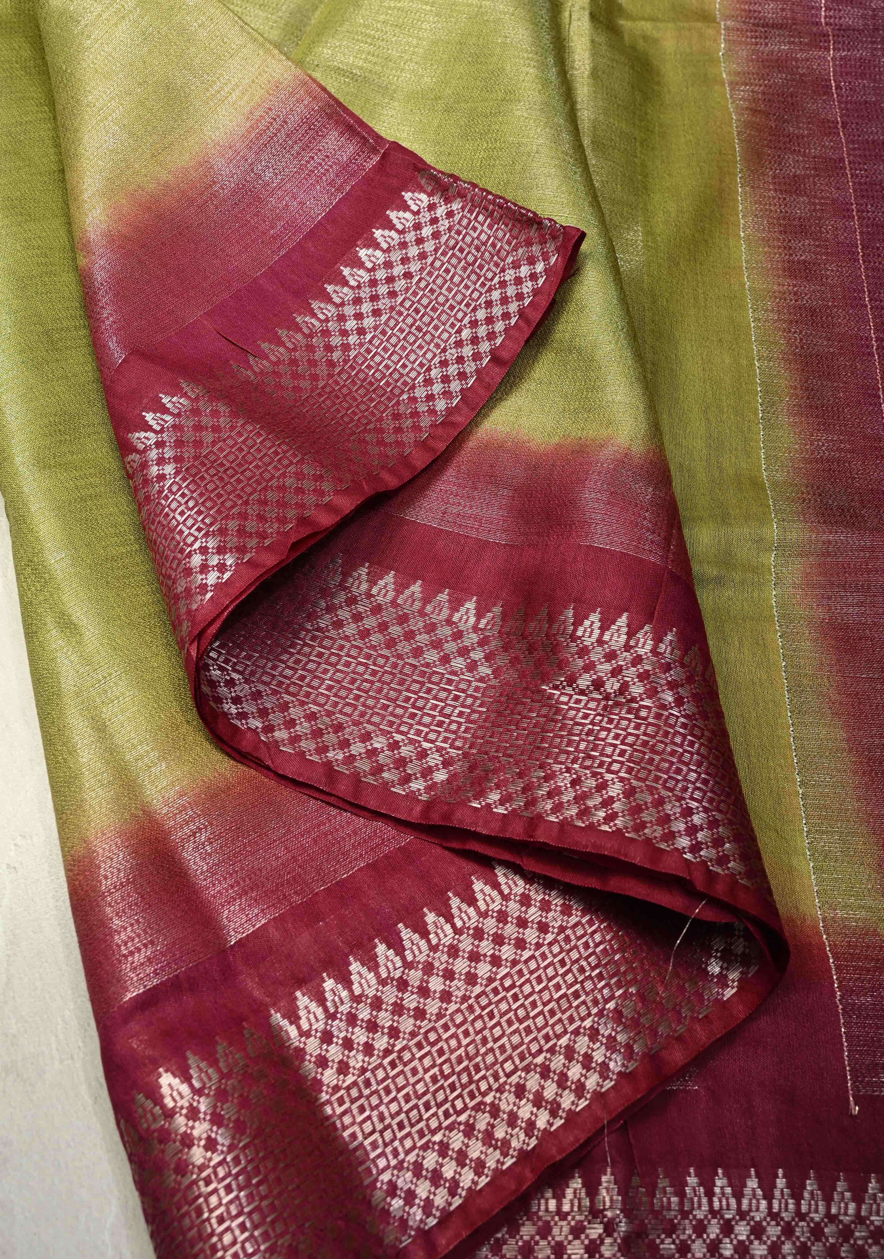 Parrot Gren Semi Tussar Tissue Saree with Contrast Temple Zari Border and Pallu | Shobitam