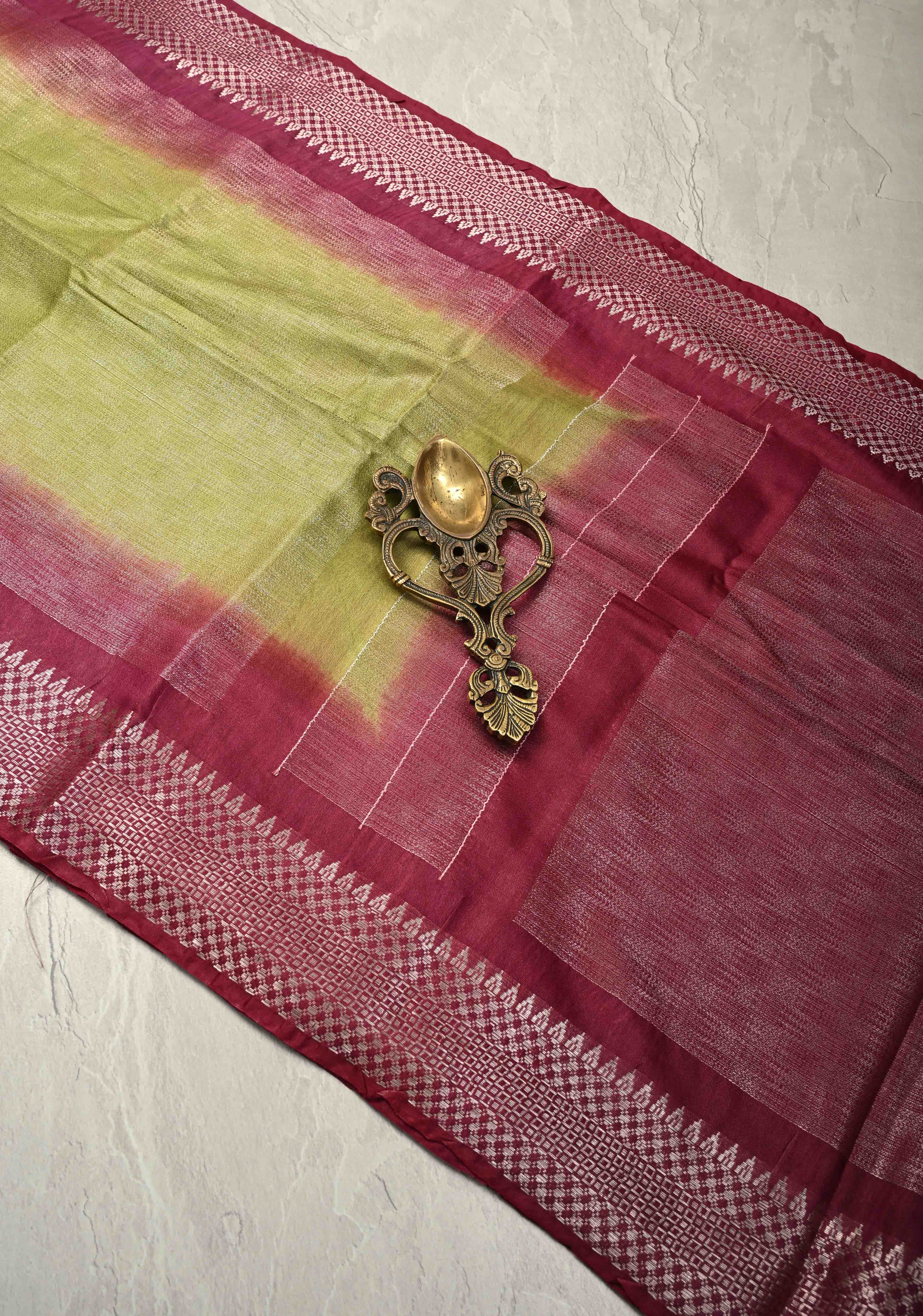 Parrot Gren Semi Tussar Tissue Saree with Contrast Temple Zari Border and Pallu | Shobitam