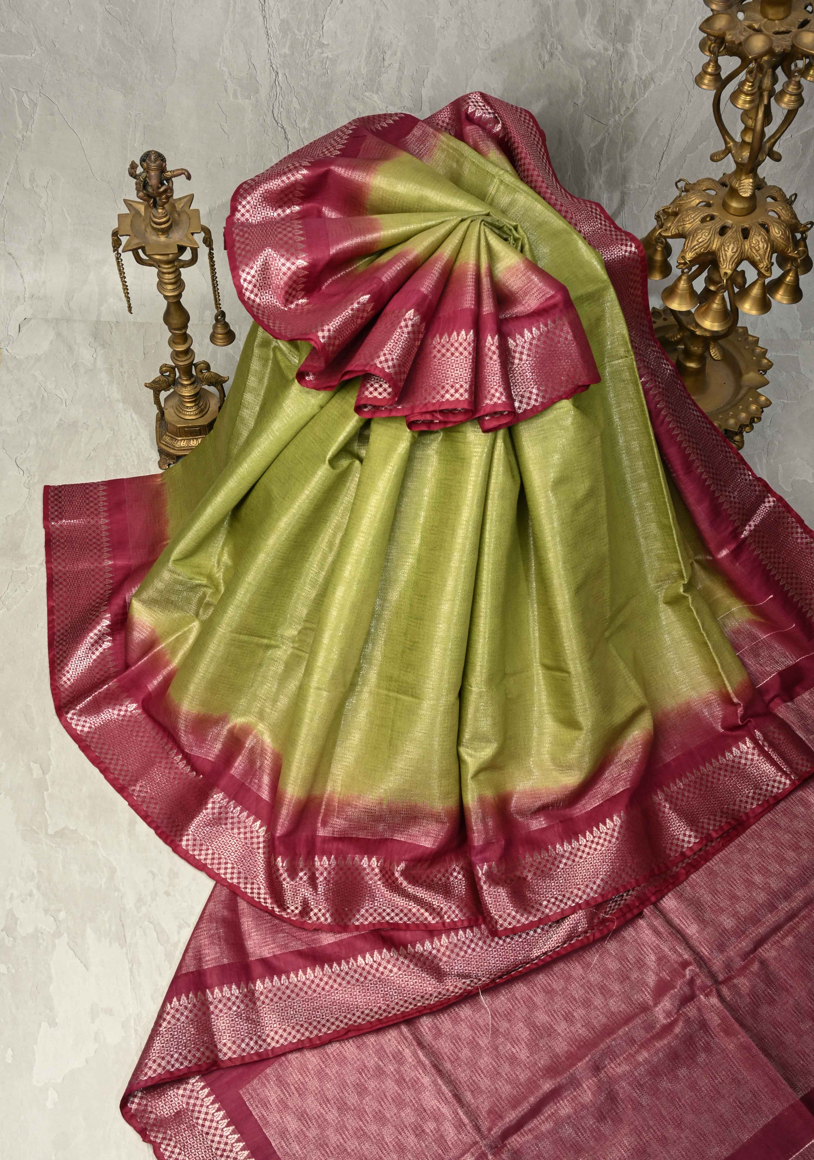 Parrot Gren Semi Tussar Tissue Saree with Contrast Temple Zari Border and Pallu | Shobitam
