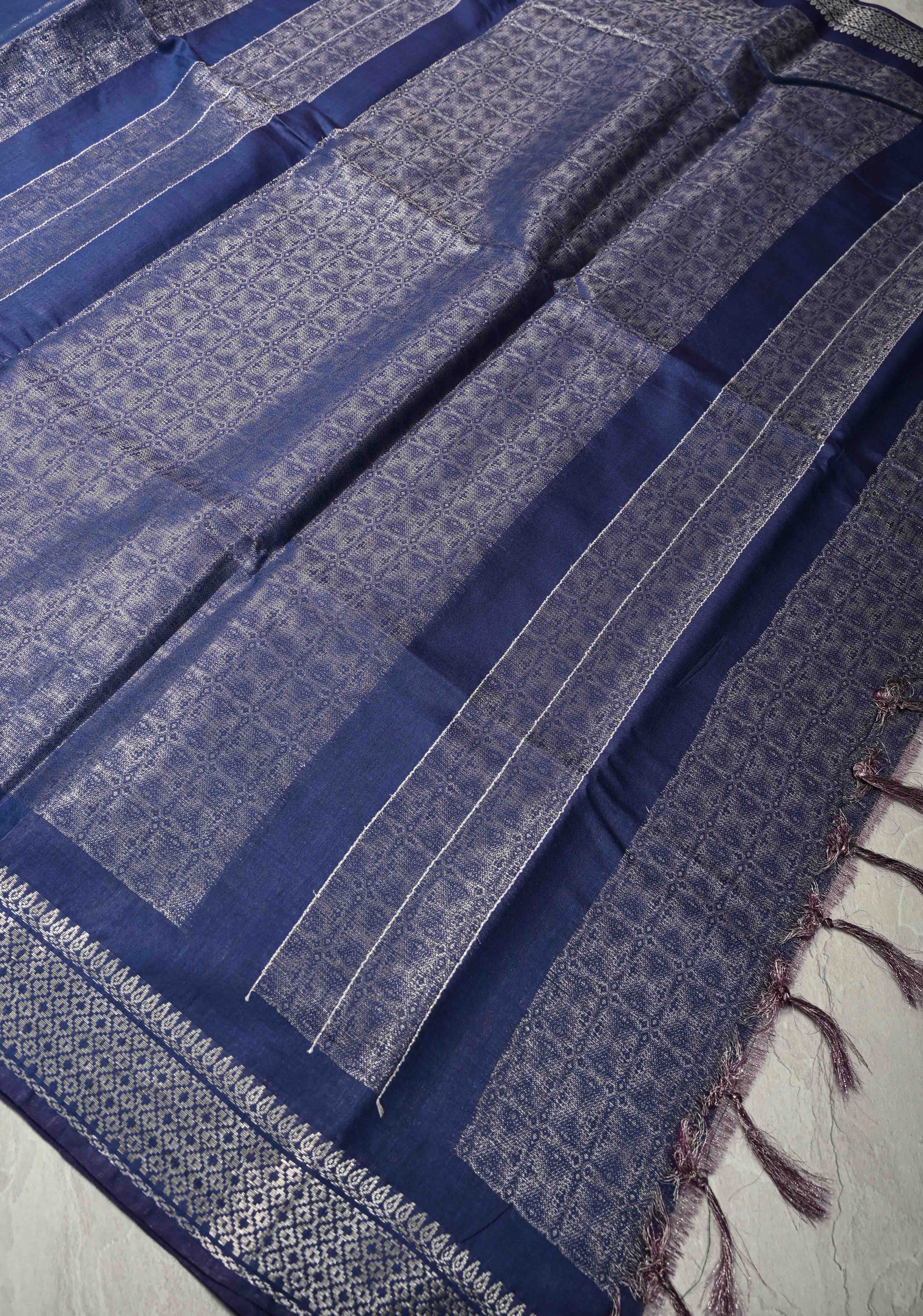 Royal Blue Semi Tussar Tissue Saree with Zari Border | Shobitam