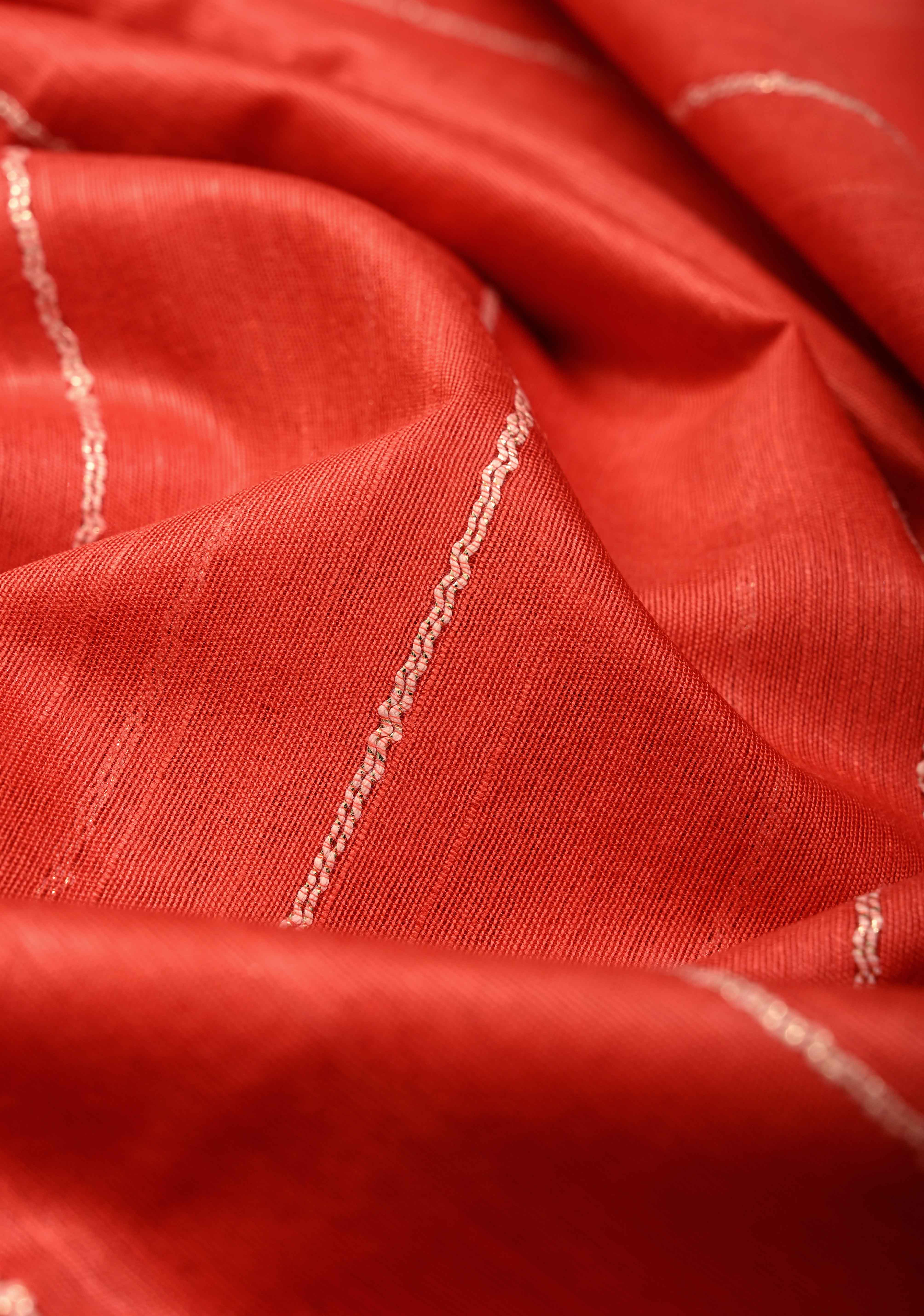 Vermilion Red Borderless Semi Tussar Saree with Thread-Zari Horizontal Stripes and Contrast Pallu | Shobitam
