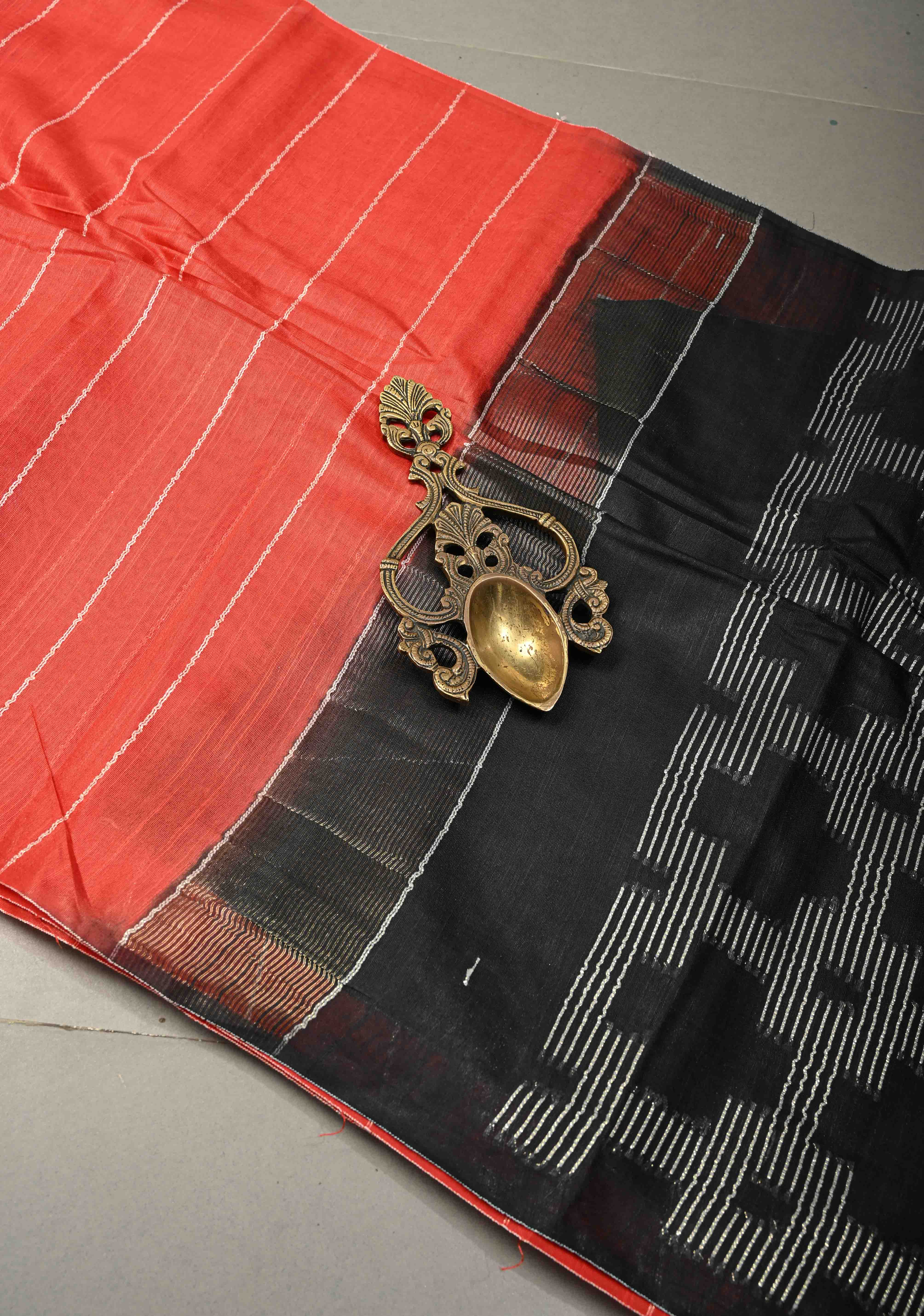 Vermilion Red Borderless Semi Tussar Saree with Thread-Zari Horizontal Stripes and Contrast Pallu | Shobitam