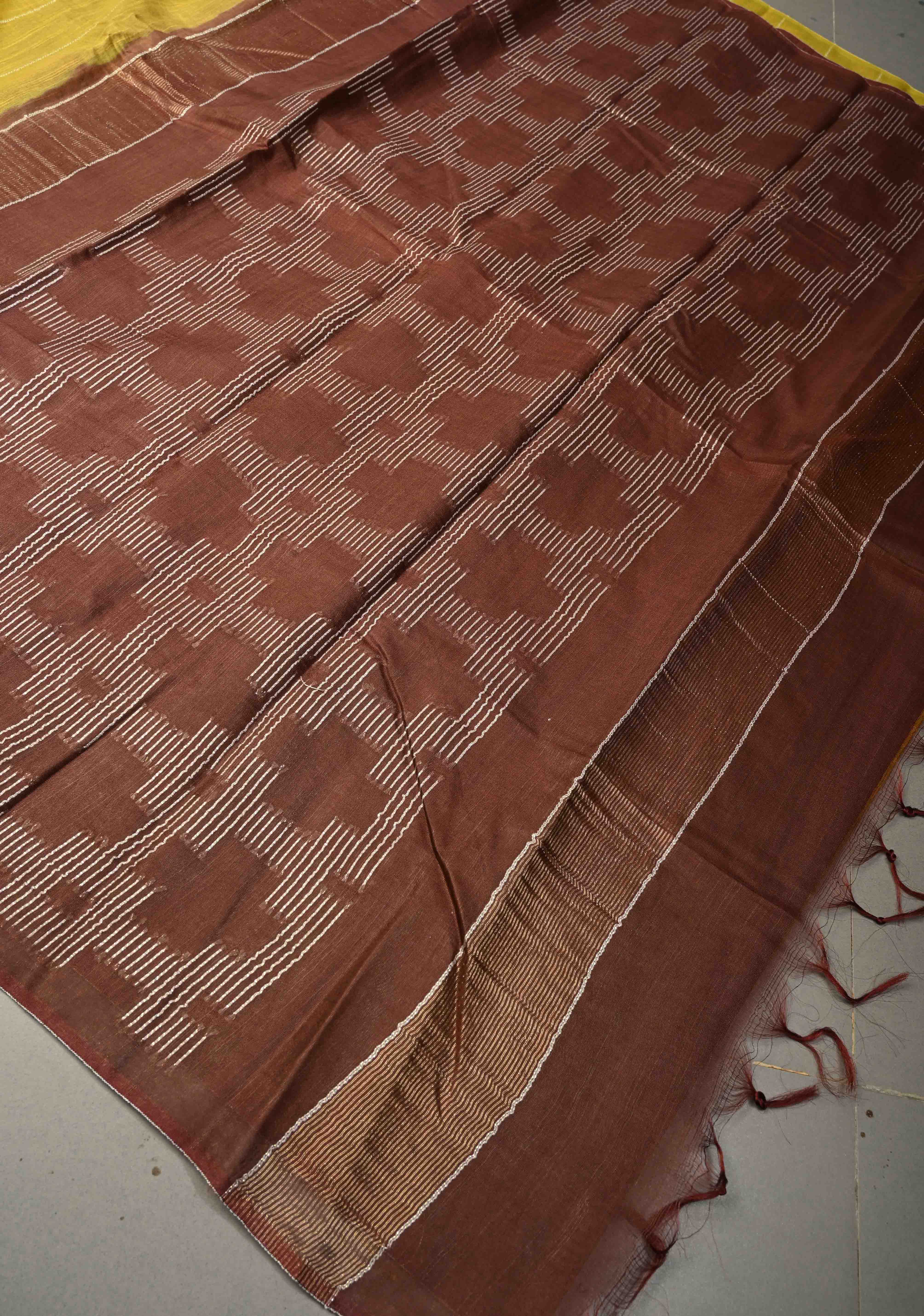 Moss Green Borderless Semi Tussar Saree with Thread-Zari Horizontal Stripes and Contrast Pallu | Shobitam