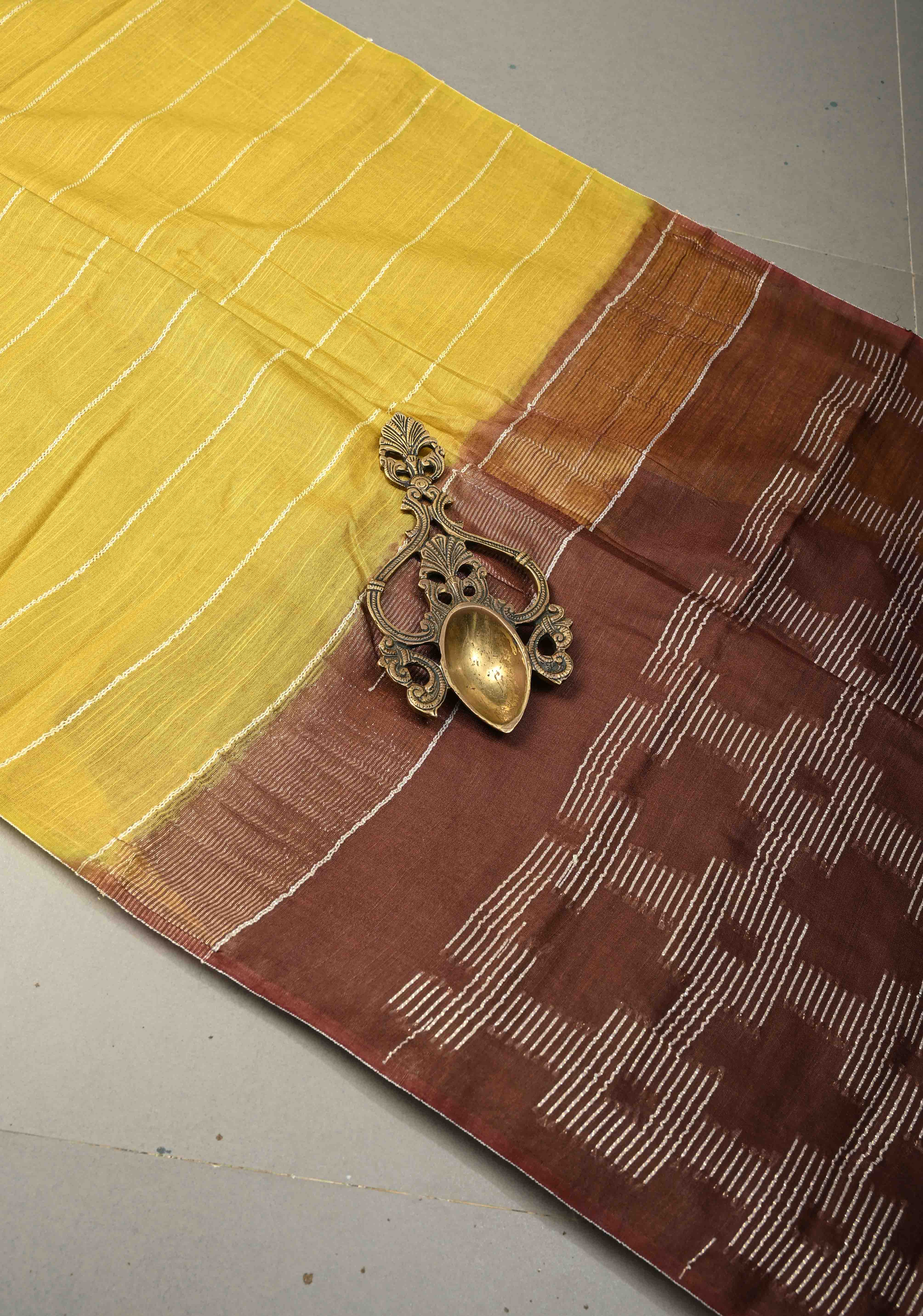 Moss Green Borderless Semi Tussar Saree with Thread-Zari Horizontal Stripes and Contrast Pallu | Shobitam