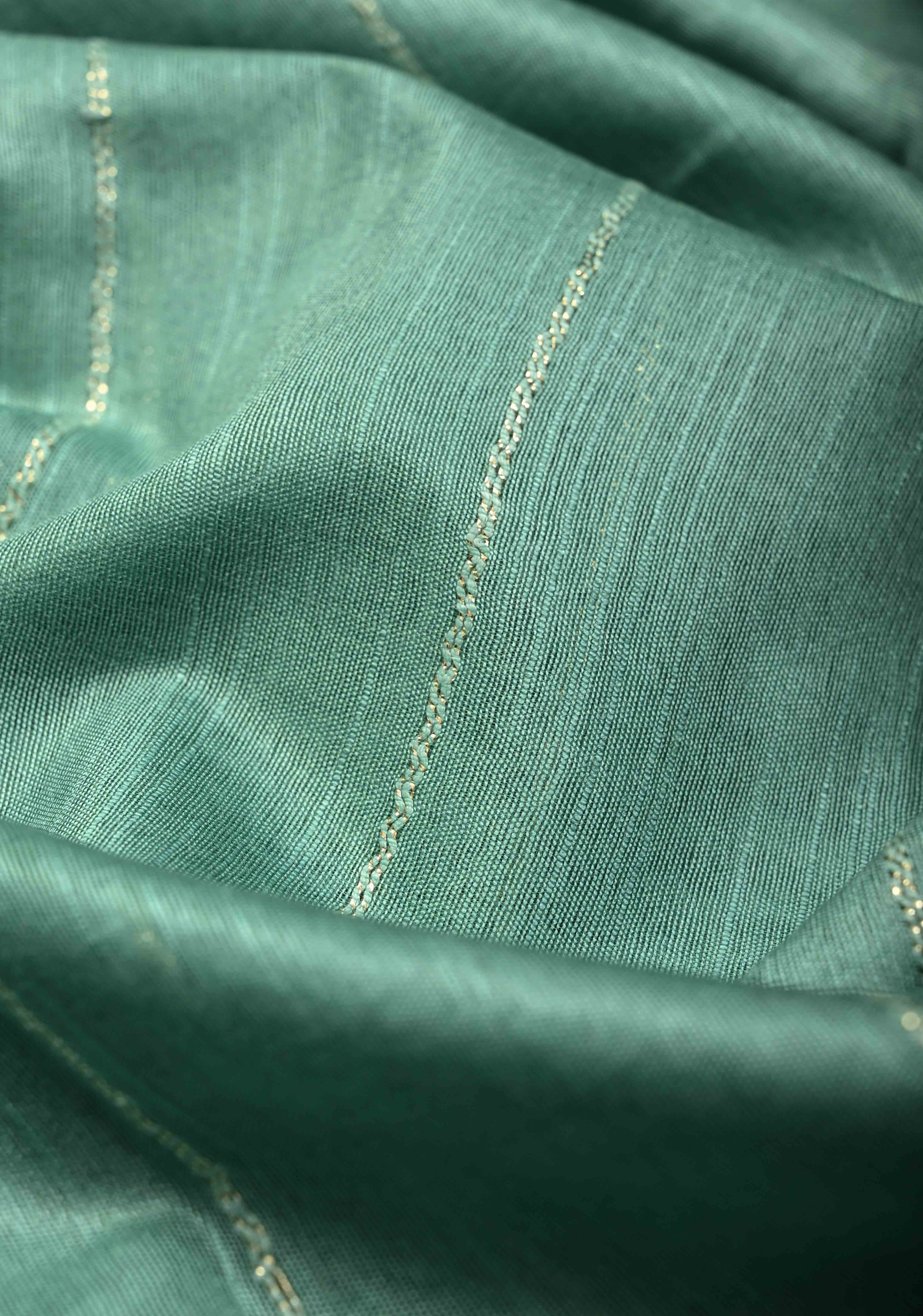 Dusty Teal Borderless Semi Tussar Saree with Thread-Zari Horizontal Stripes and Contrast Pallu | Shobitam