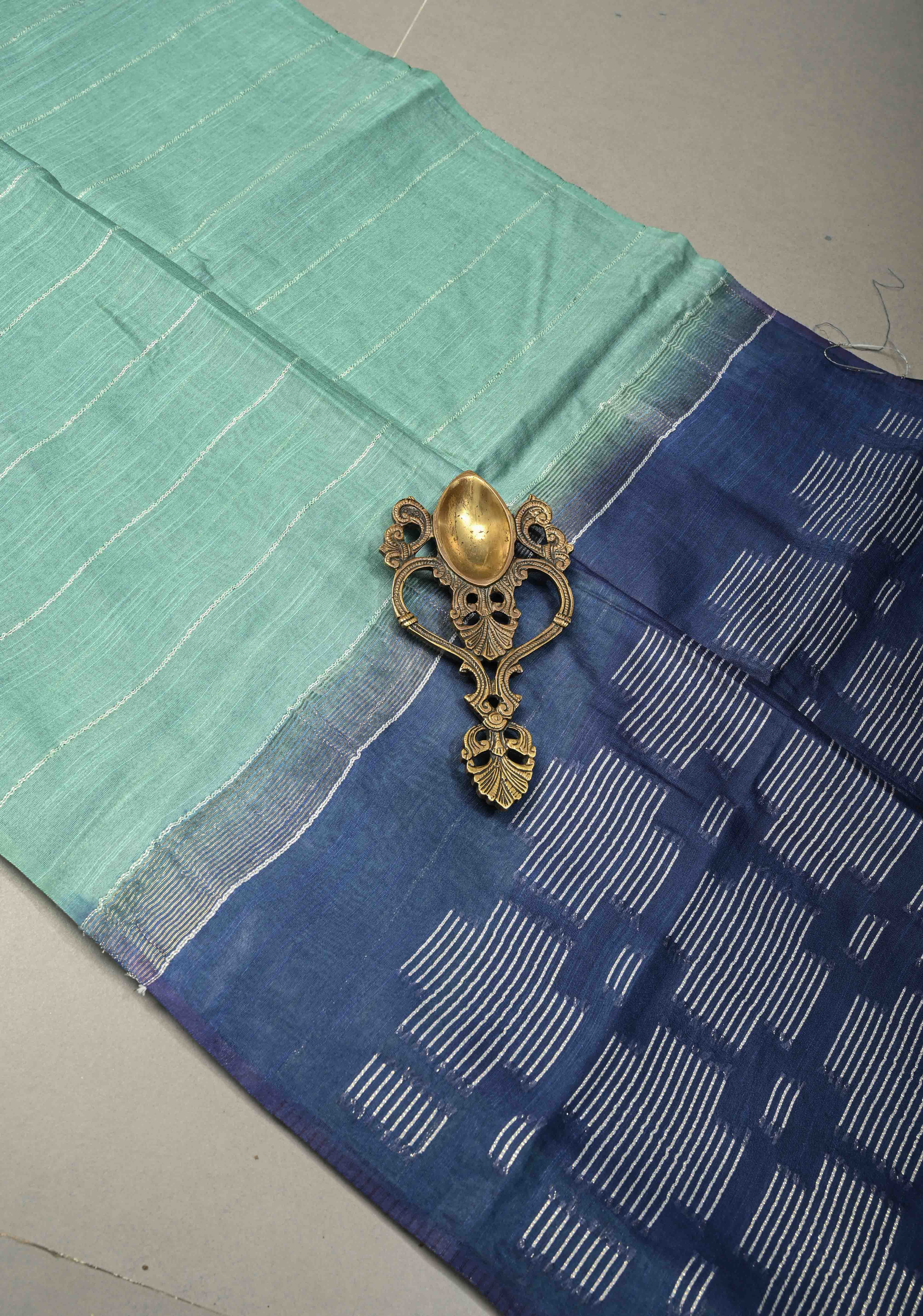 Dusty Teal Borderless Semi Tussar Saree with Thread-Zari Horizontal Stripes and Contrast Pallu | Shobitam